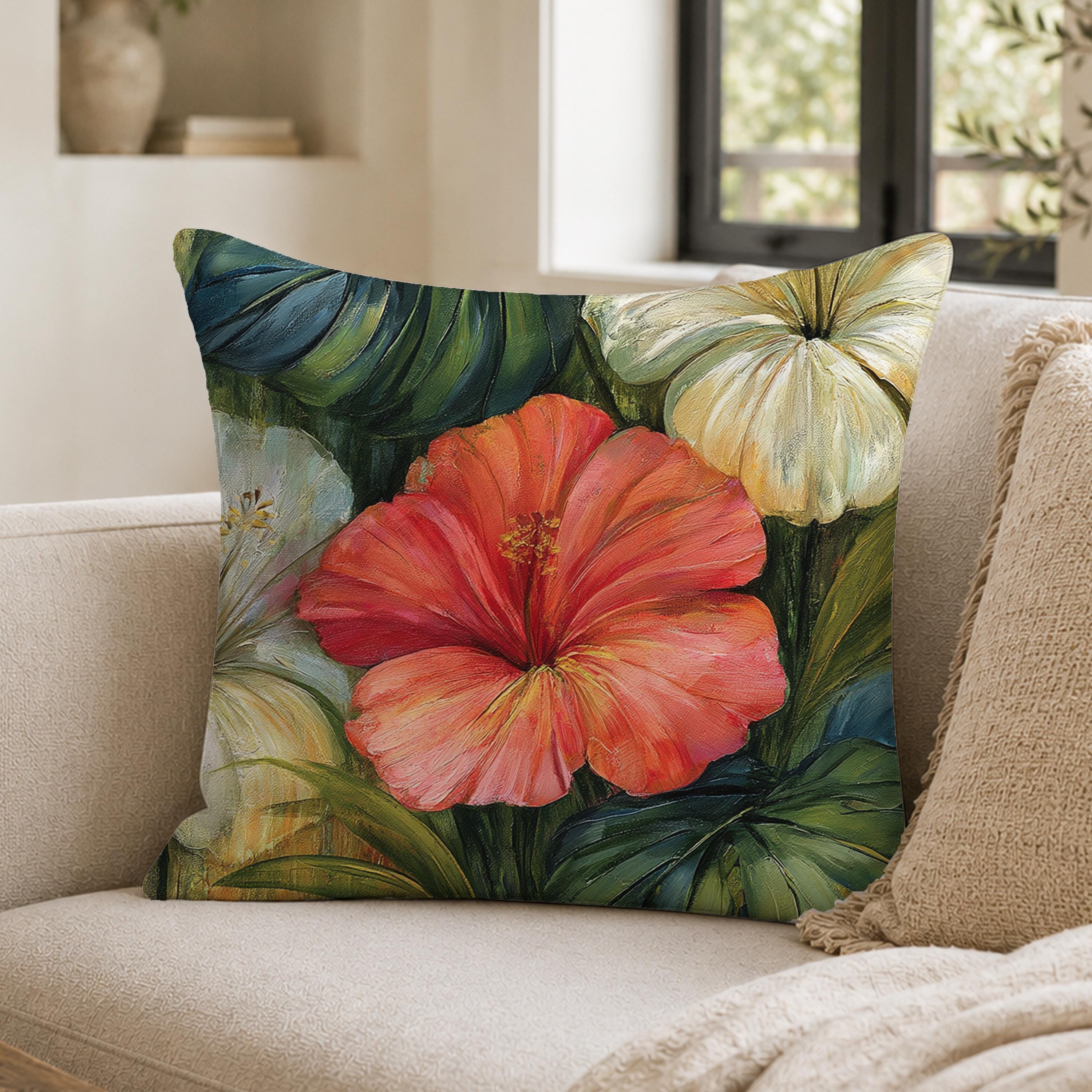 Hibiscus Throw Pillow, Tropical Floral Cushion Cover, Botanical Jungle Pillowcase, Elegant Island Outdoor Pillow, Moody Coastal Decor