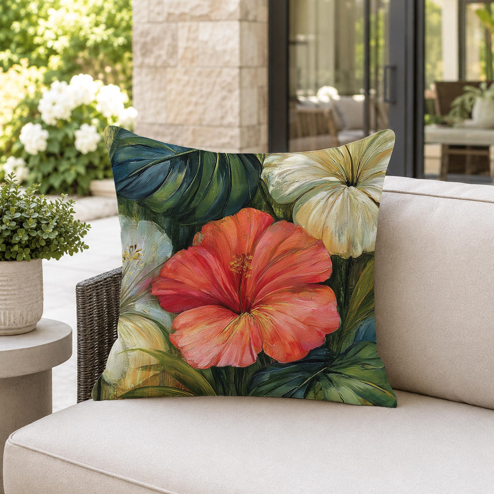 Hibiscus Throw Pillow, Tropical Floral Cushion Cover, Botanical Jungle Pillowcase, Elegant Island Outdoor Pillow, Moody Coastal Decor