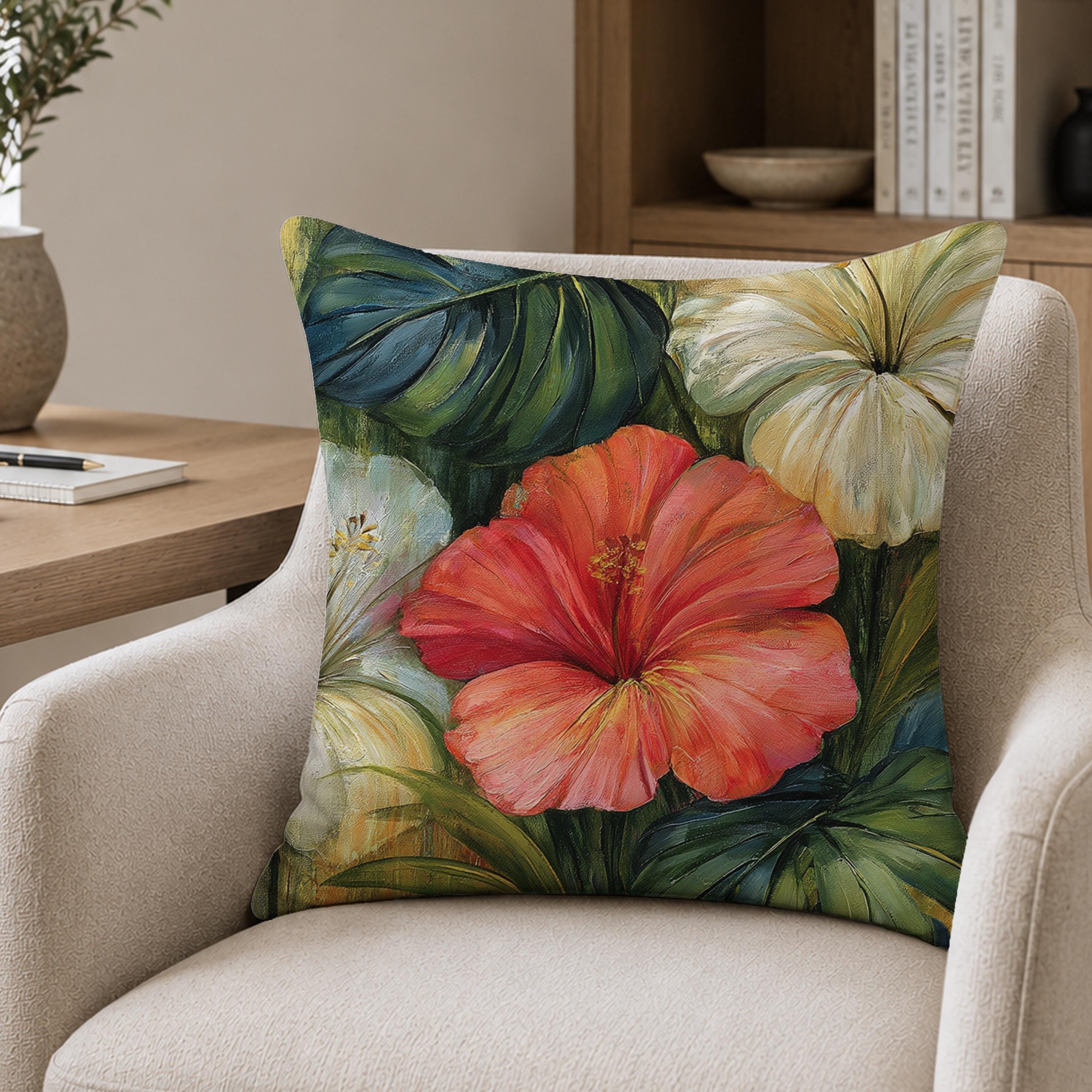 Hibiscus Throw Pillow, Tropical Floral Cushion Cover, Botanical Jungle Pillowcase, Elegant Island Outdoor Pillow, Moody Coastal Decor
