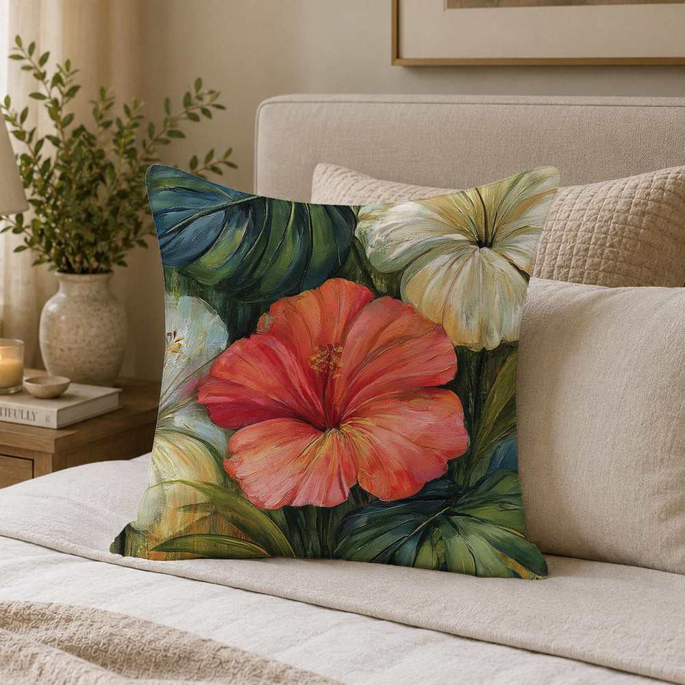 Hibiscus Throw Pillow, Tropical Floral Cushion Cover, Botanical Jungle Pillowcase, Elegant Island Outdoor Pillow, Moody Coastal Decor
