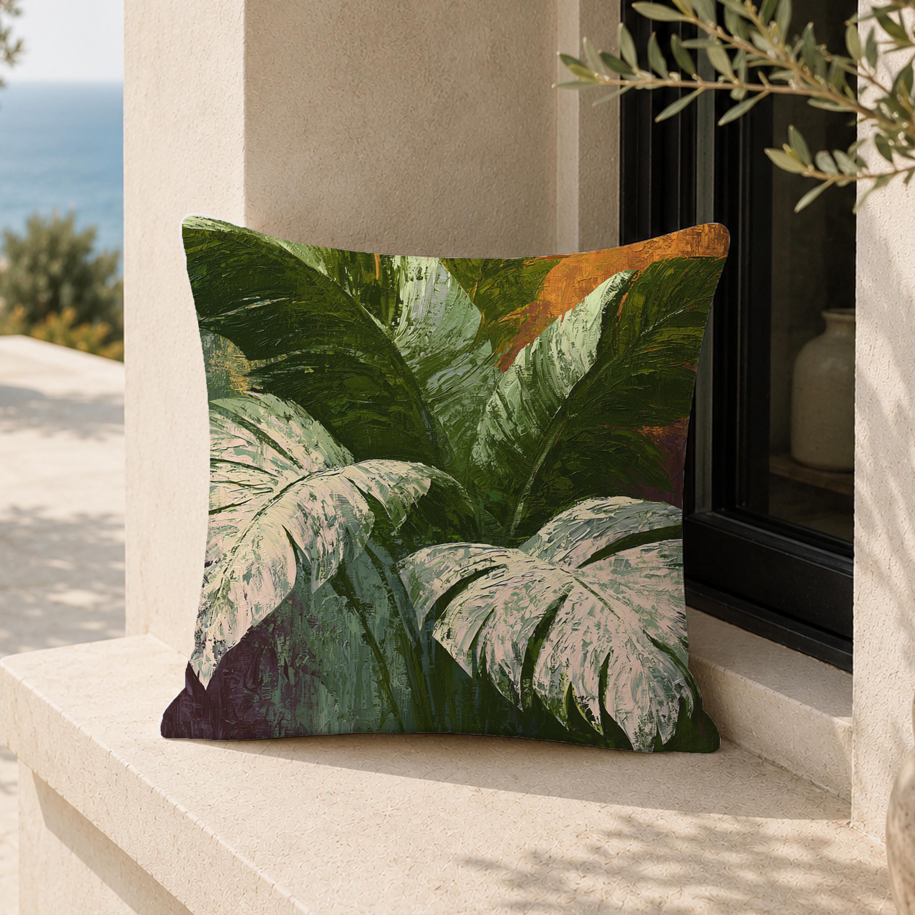 Monstera Botanical Throw Pillow, Tropical Leaf Cushion Cover, Moody Pillowcase, Elegant Jungle Decor, Modern Coastal Outdoor Pillow