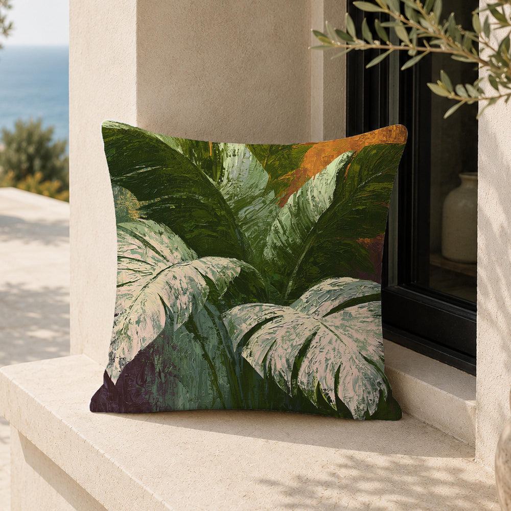 Monstera Botanical Throw Pillow, Tropical Leaf Cushion Cover, Moody Pillowcase, Elegant Jungle Decor, Modern Coastal Outdoor Pillow