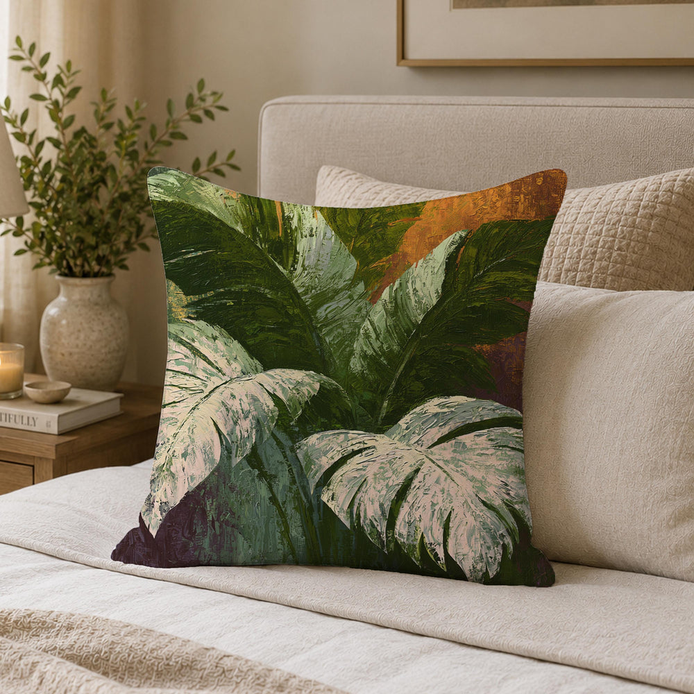 Monstera Botanical Throw Pillow, Tropical Leaf Cushion Cover, Moody Pillowcase, Elegant Jungle Decor, Modern Coastal Outdoor Pillow