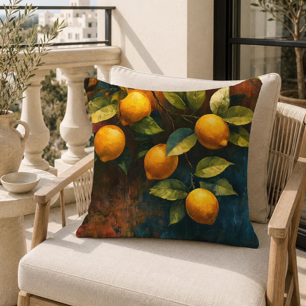 Lemon Branch Throw Pillow, Citrus Botanical Cushion Cover, Moody Mediterranean Pillowcase, Rustic Outdoor Pillow, Kitchen Decor Accent