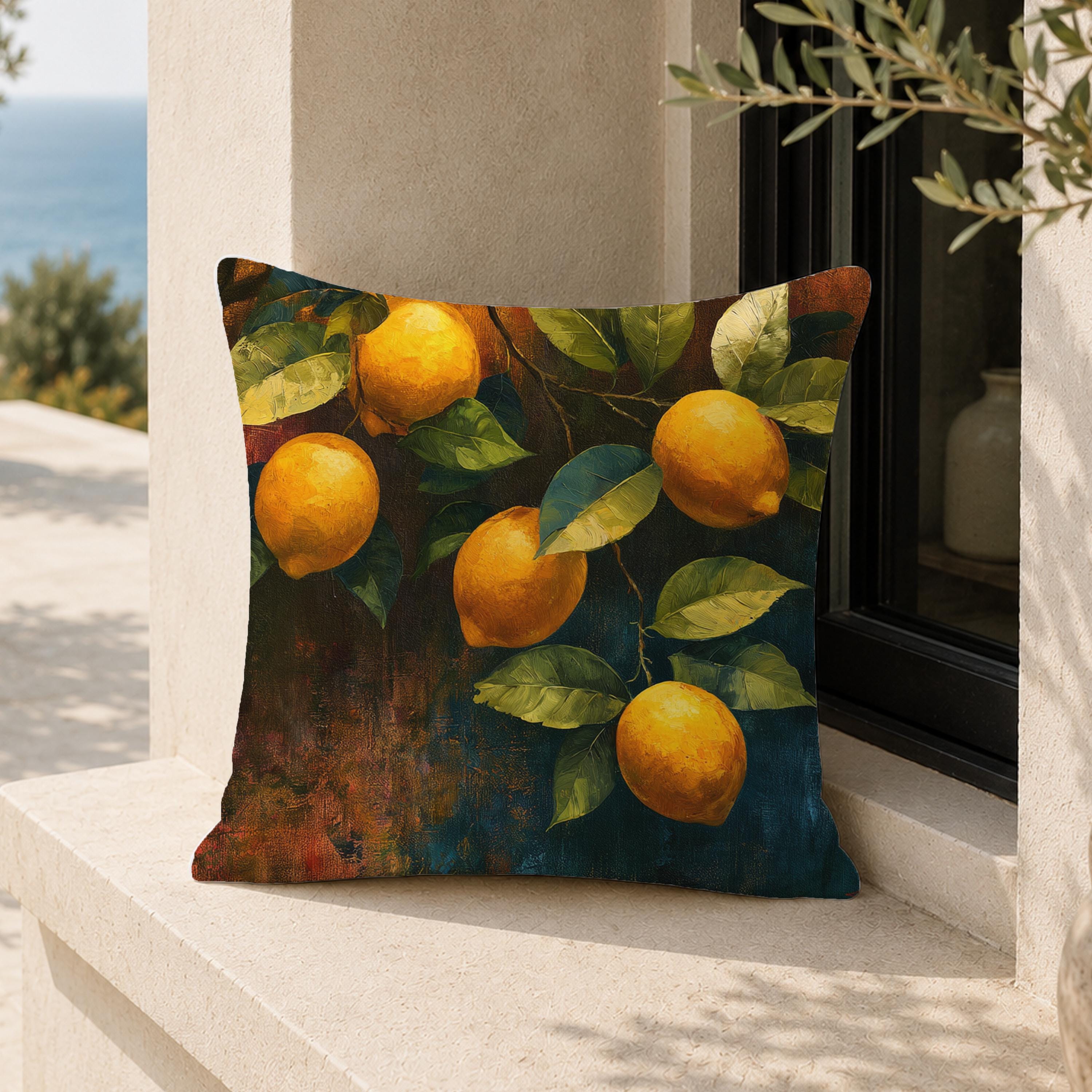 Lemon Branch Throw Pillow, Citrus Botanical Cushion Cover, Moody Mediterranean Pillowcase, Rustic Outdoor Pillow, Kitchen Decor Accent