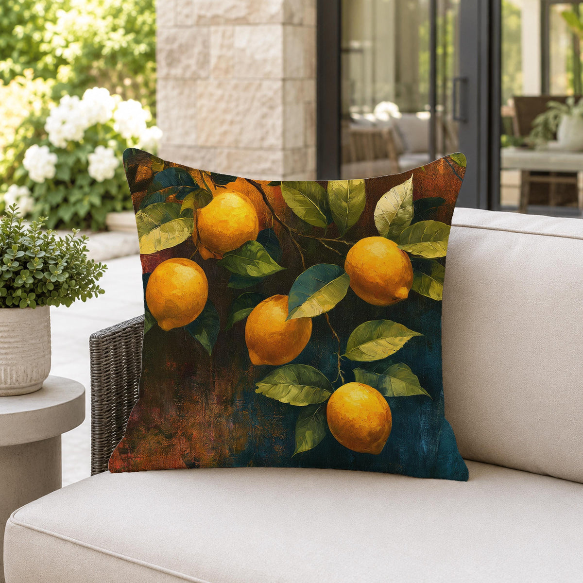 Lemon Branch Throw Pillow, Citrus Botanical Cushion Cover, Moody Mediterranean Pillowcase, Rustic Outdoor Pillow, Kitchen Decor Accent