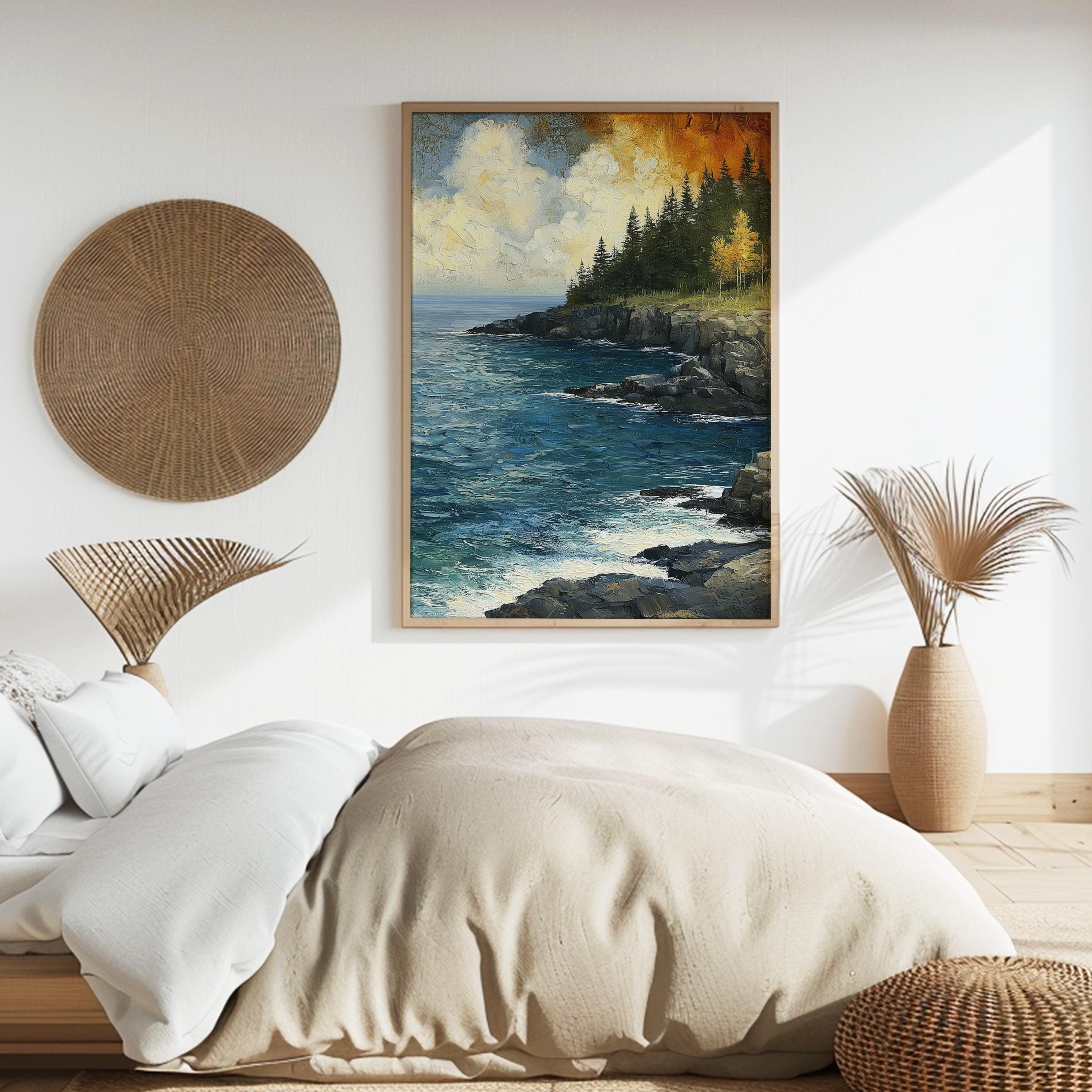 Rocky Coast Framed Wall Art, Coastal Cliff Canvas, Ocean Landscape Artwork Prints, Rustic Beach Home Decor