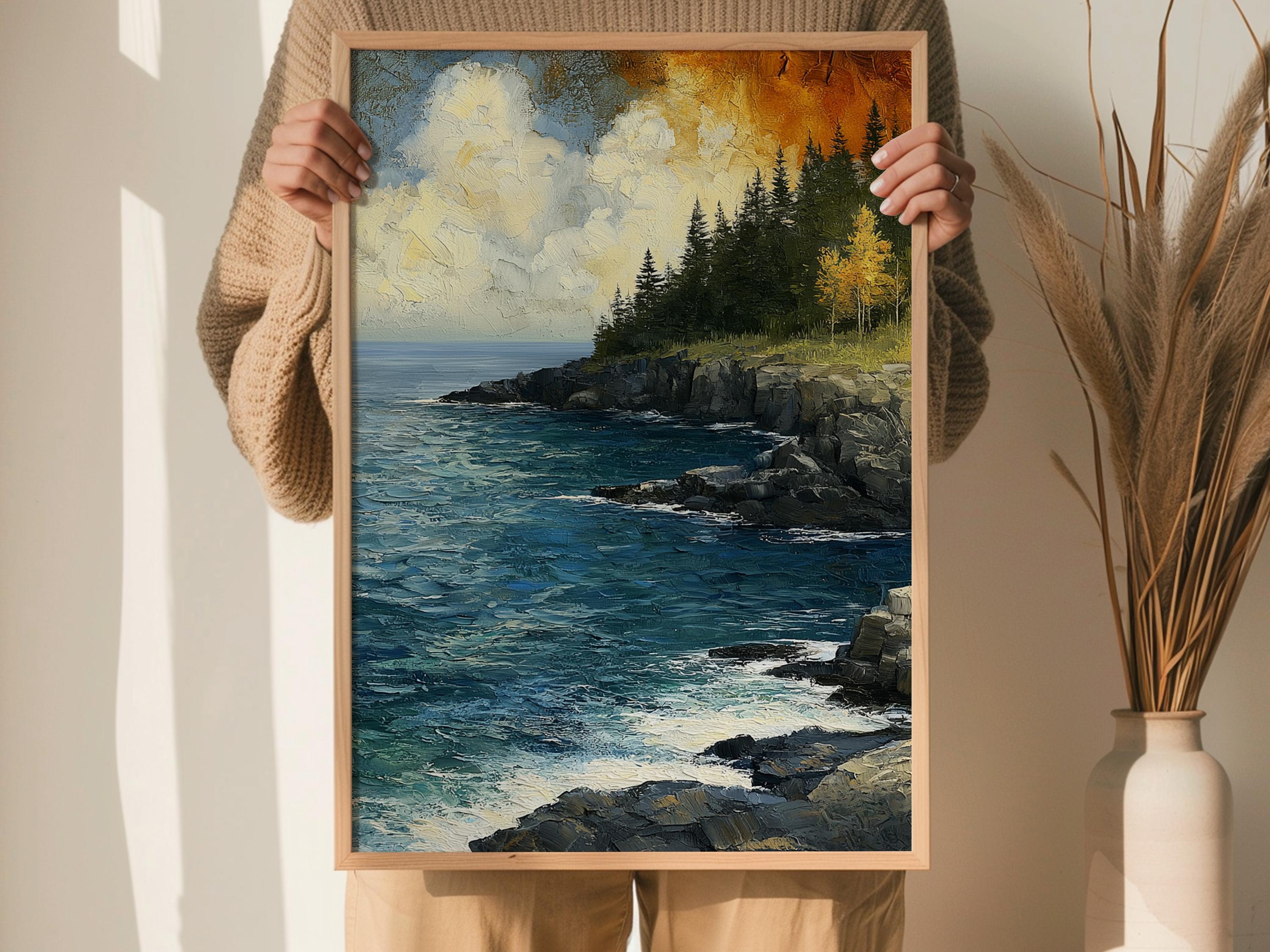 Rocky Coast Framed Wall Art, Coastal Cliff Canvas, Ocean Landscape Artwork Prints, Rustic Beach Home Decor