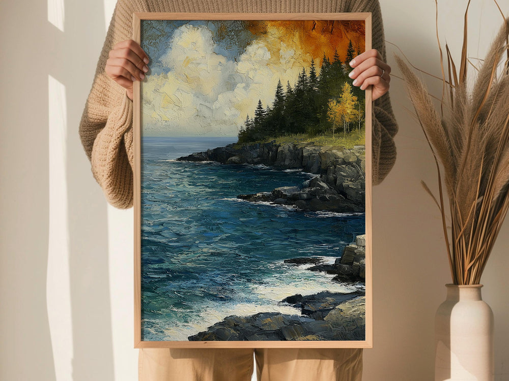 Rocky Coast Framed Wall Art, Coastal Cliff Canvas, Ocean Landscape Artwork Prints, Rustic Beach Home Decor