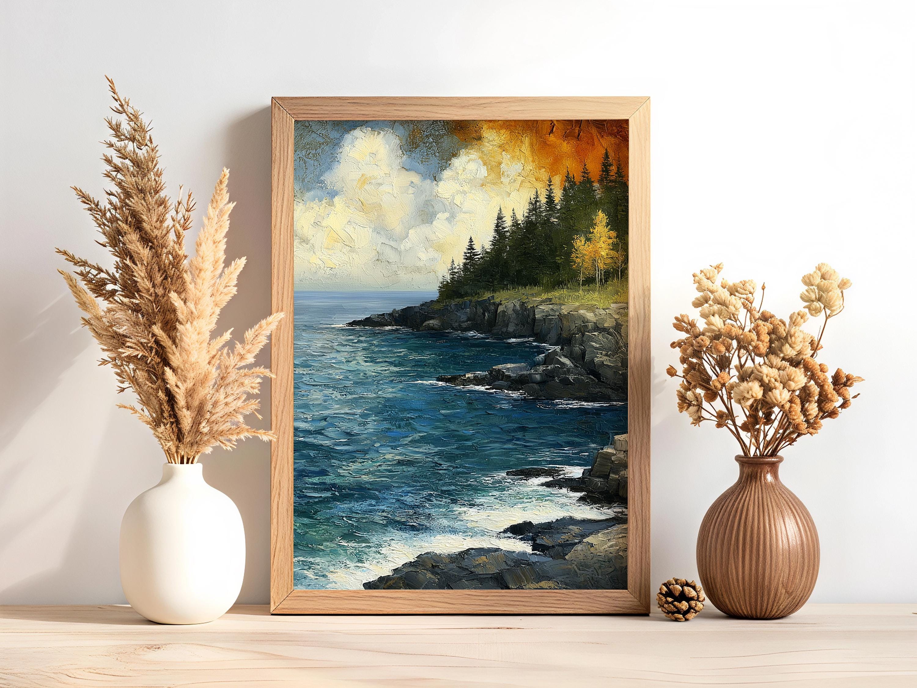 Rocky Coast Framed Wall Art, Coastal Cliff Canvas, Ocean Landscape Artwork Prints, Rustic Beach Home Decor