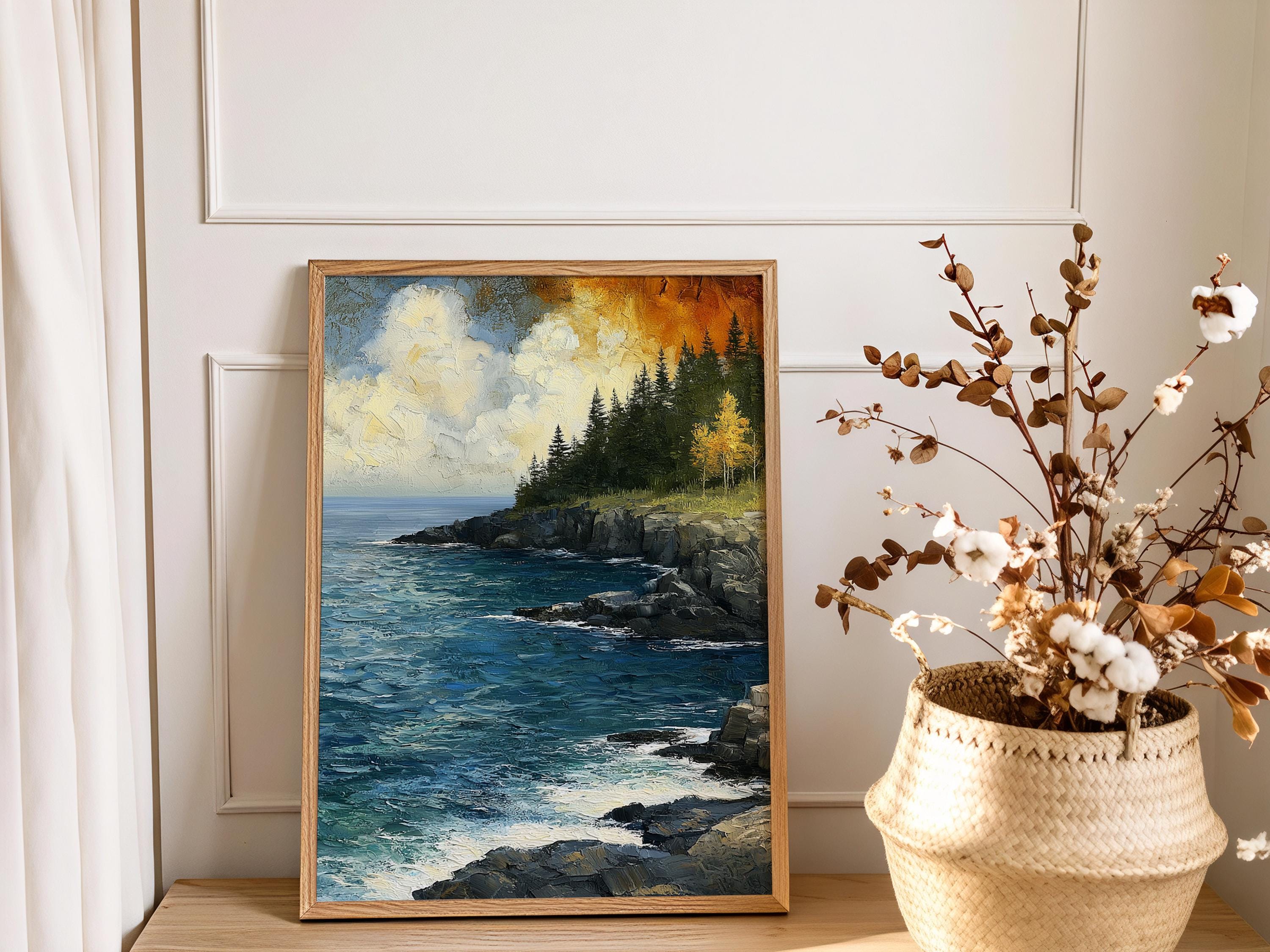Rocky Coast Framed Wall Art, Coastal Cliff Canvas, Ocean Landscape Artwork Prints, Rustic Beach Home Decor