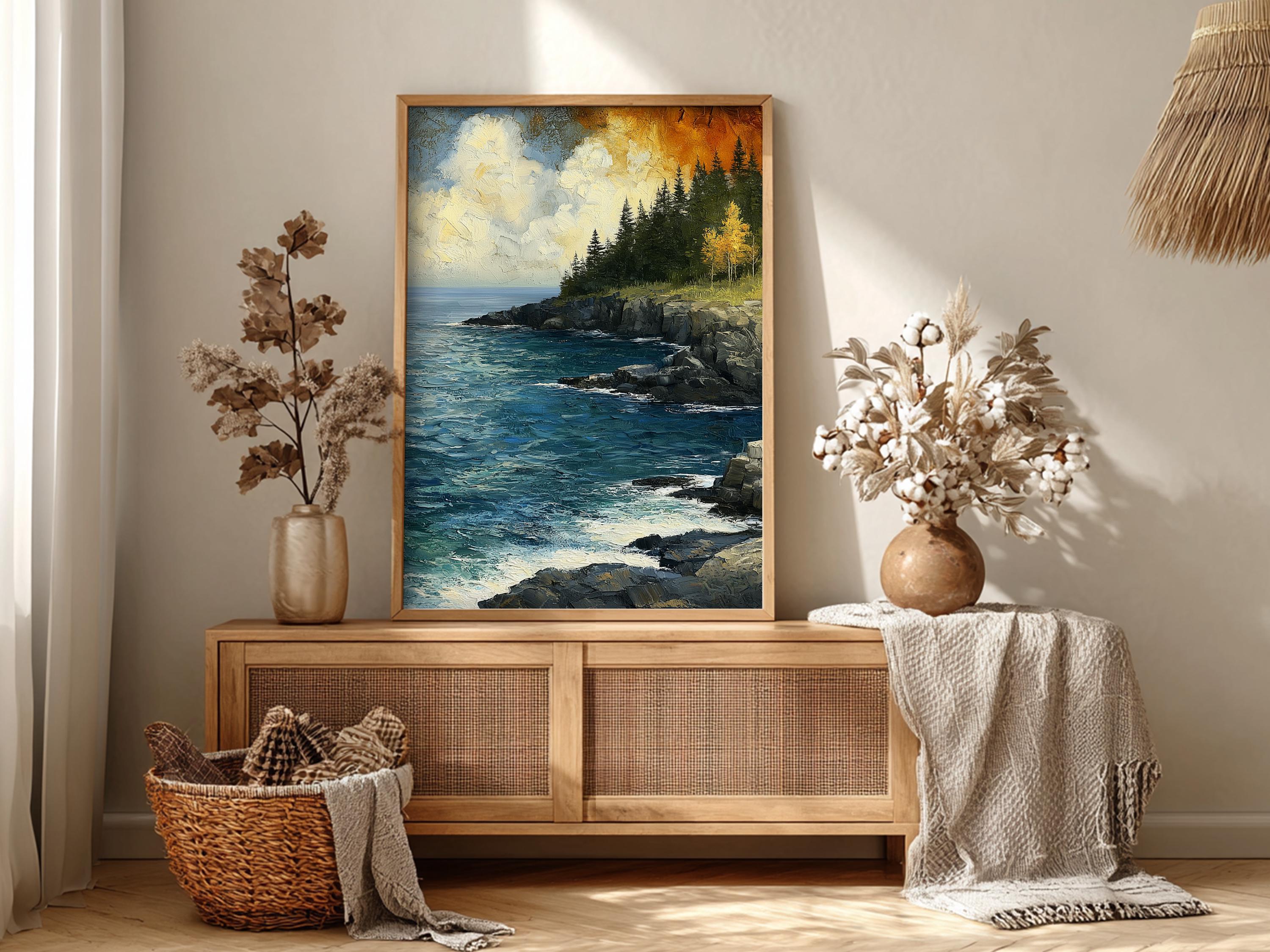 Rocky Coast Framed Wall Art, Coastal Cliff Canvas, Ocean Landscape Artwork Prints, Rustic Beach Home Decor