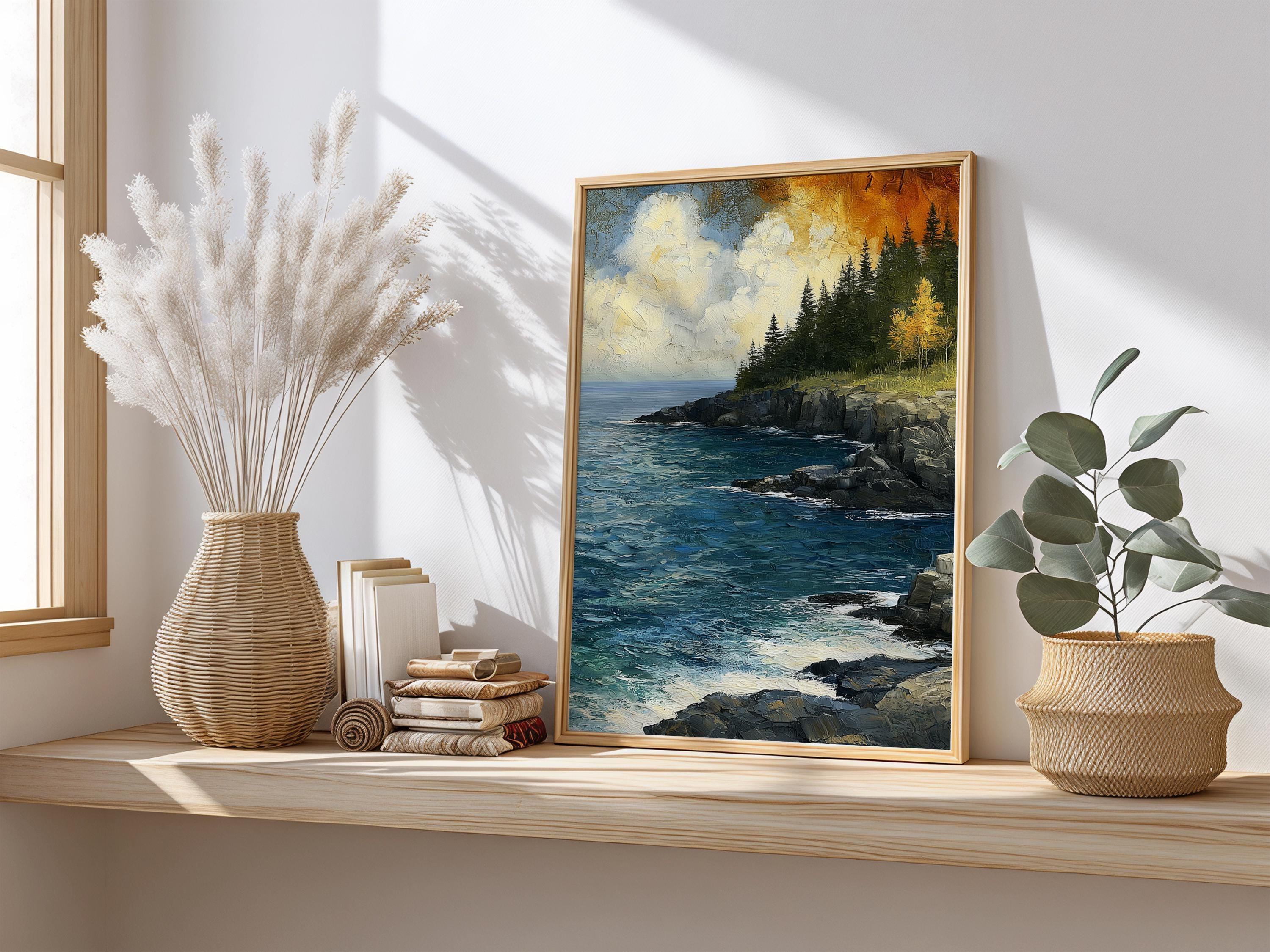 Rocky Coast Framed Wall Art, Coastal Cliff Canvas, Ocean Landscape Artwork Prints, Rustic Beach Home Decor