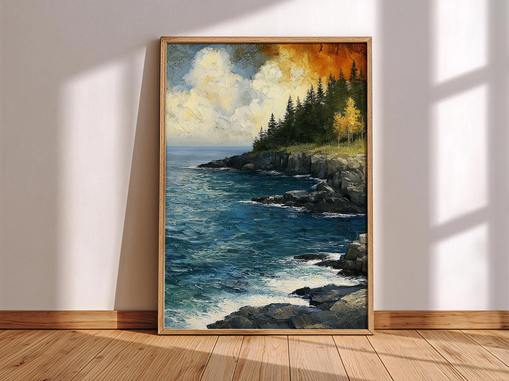 Rocky Coast Framed Wall Art, Coastal Cliff Canvas, Ocean Landscape Artwork Prints, Rustic Beach Home Decor