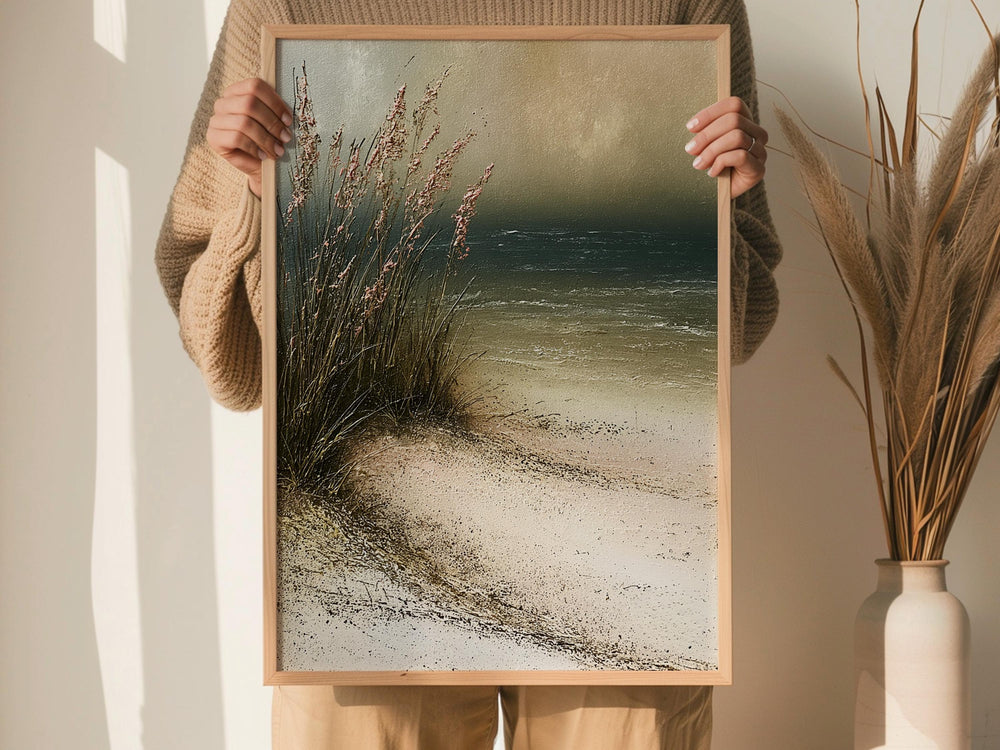 Minimal Beach Home Decor, Neutral Beach Grass Wall Art, Coastal Sand Dune Framed Canvas, Soft Ocean Artwork Prints