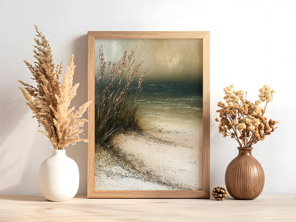 Minimal Beach Home Decor, Neutral Beach Grass Wall Art, Coastal Sand Dune Framed Canvas, Soft Ocean Artwork Prints