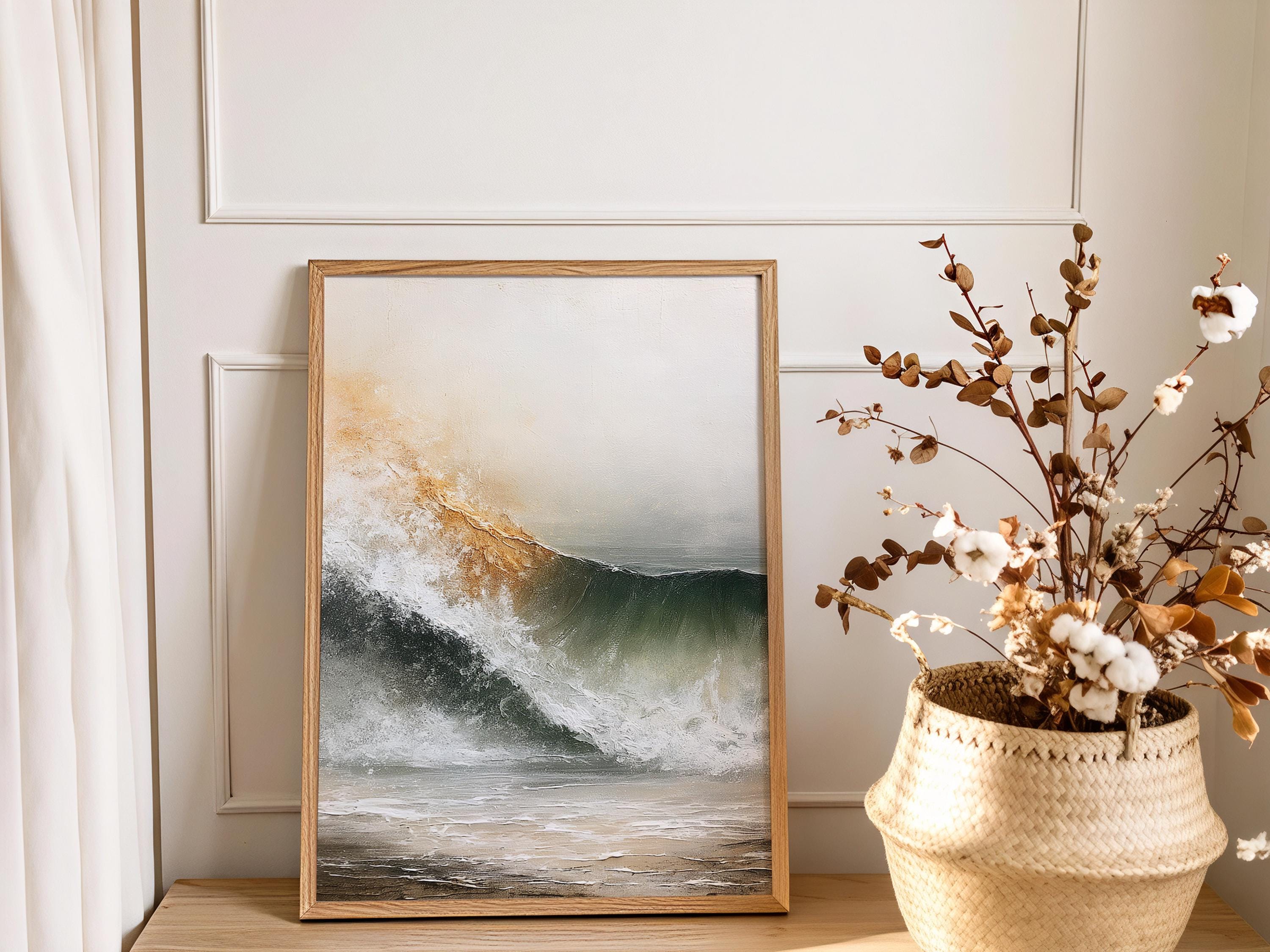 Neutral Ocean Wave Poster, Coastal Beach Framed Canvas, Soft Sea Artwork Prints, Minimal Coastal Home Decor