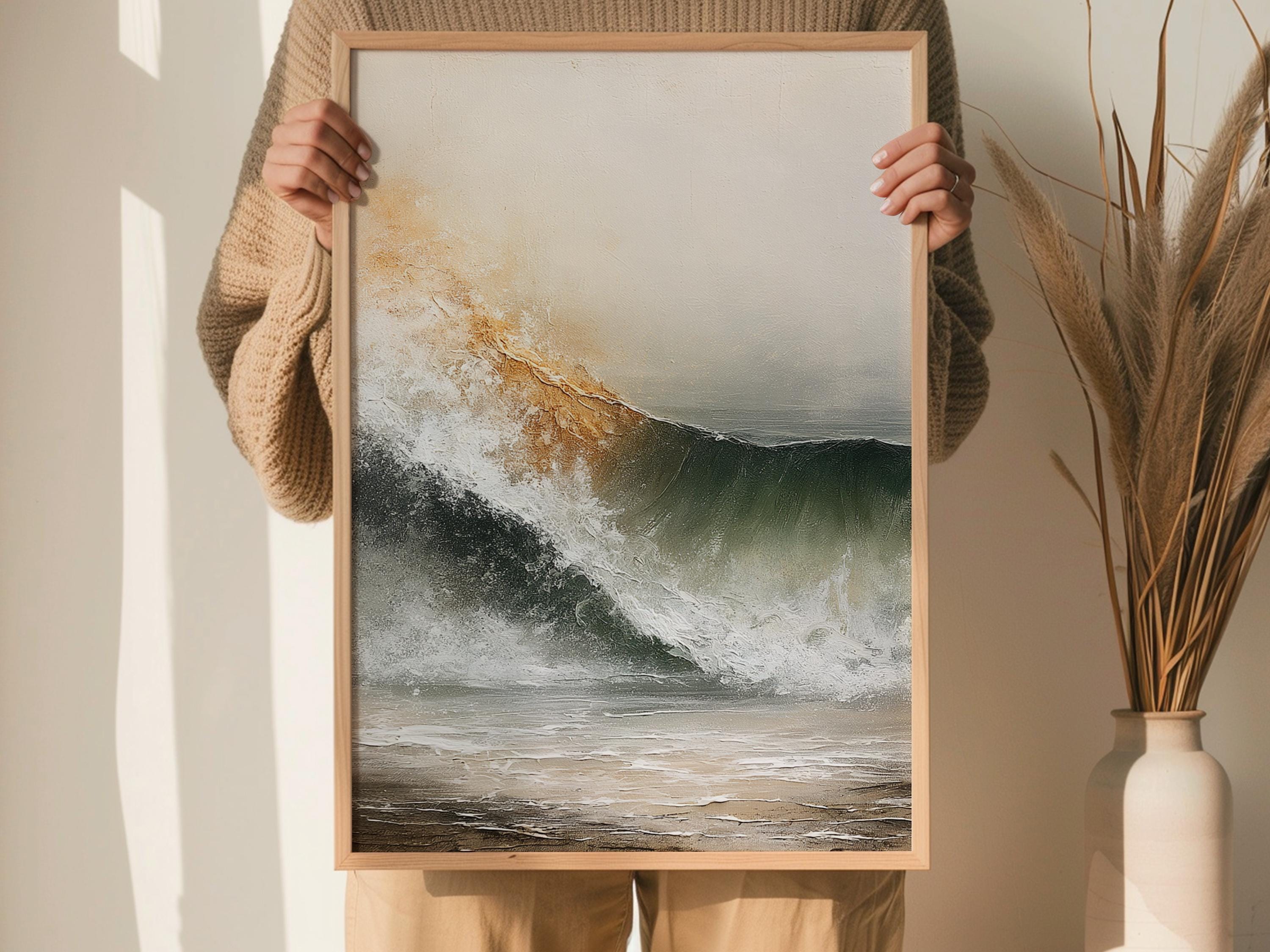 Neutral Ocean Wave Poster, Coastal Beach Framed Canvas, Soft Sea Artwork Prints, Minimal Coastal Home Decor