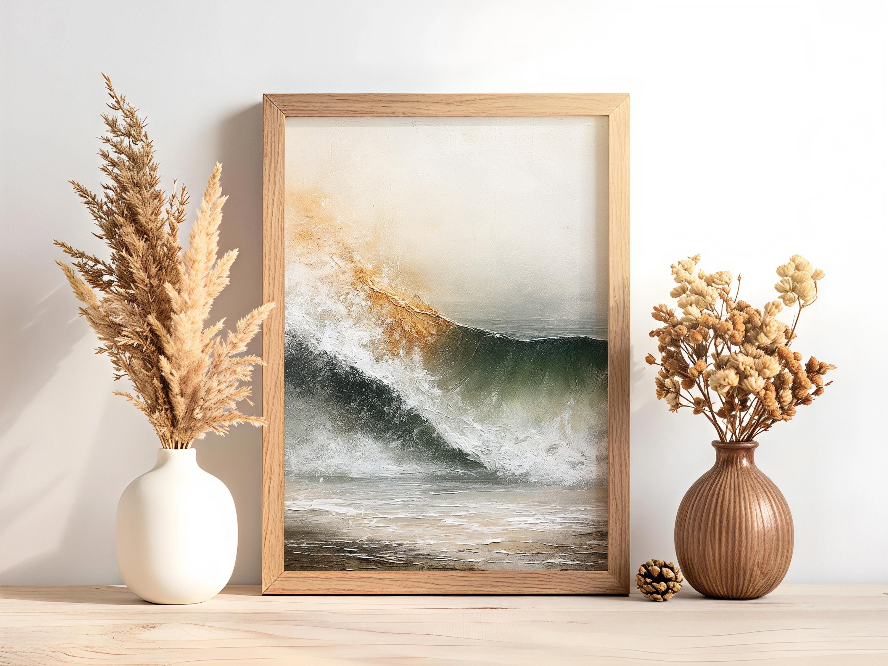 Neutral Ocean Wave Poster, Coastal Beach Framed Canvas, Soft Sea Artwork Prints, Minimal Coastal Home Decor