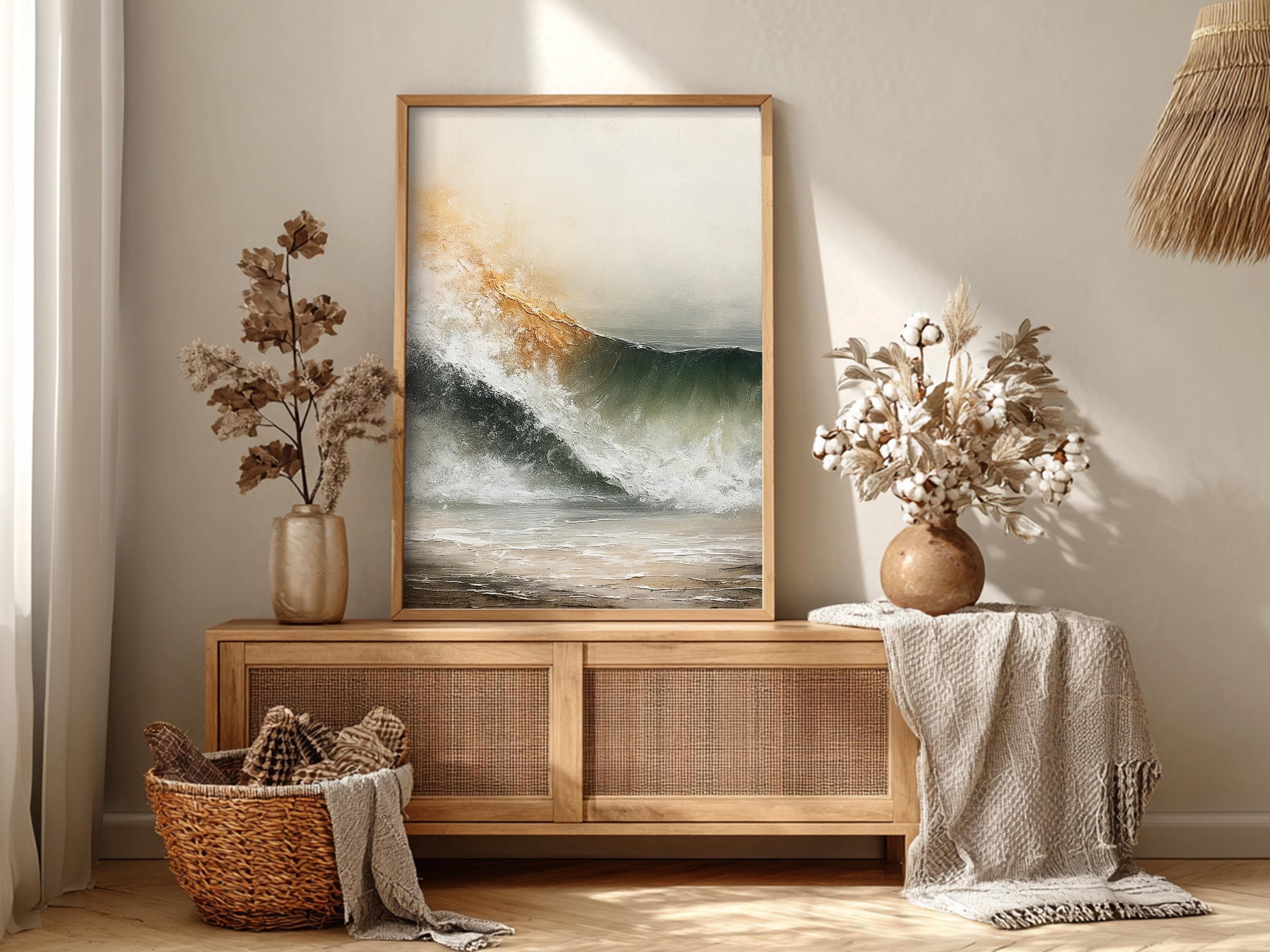 Neutral Ocean Wave Poster, Coastal Beach Framed Canvas, Soft Sea Artwork Prints, Minimal Coastal Home Decor