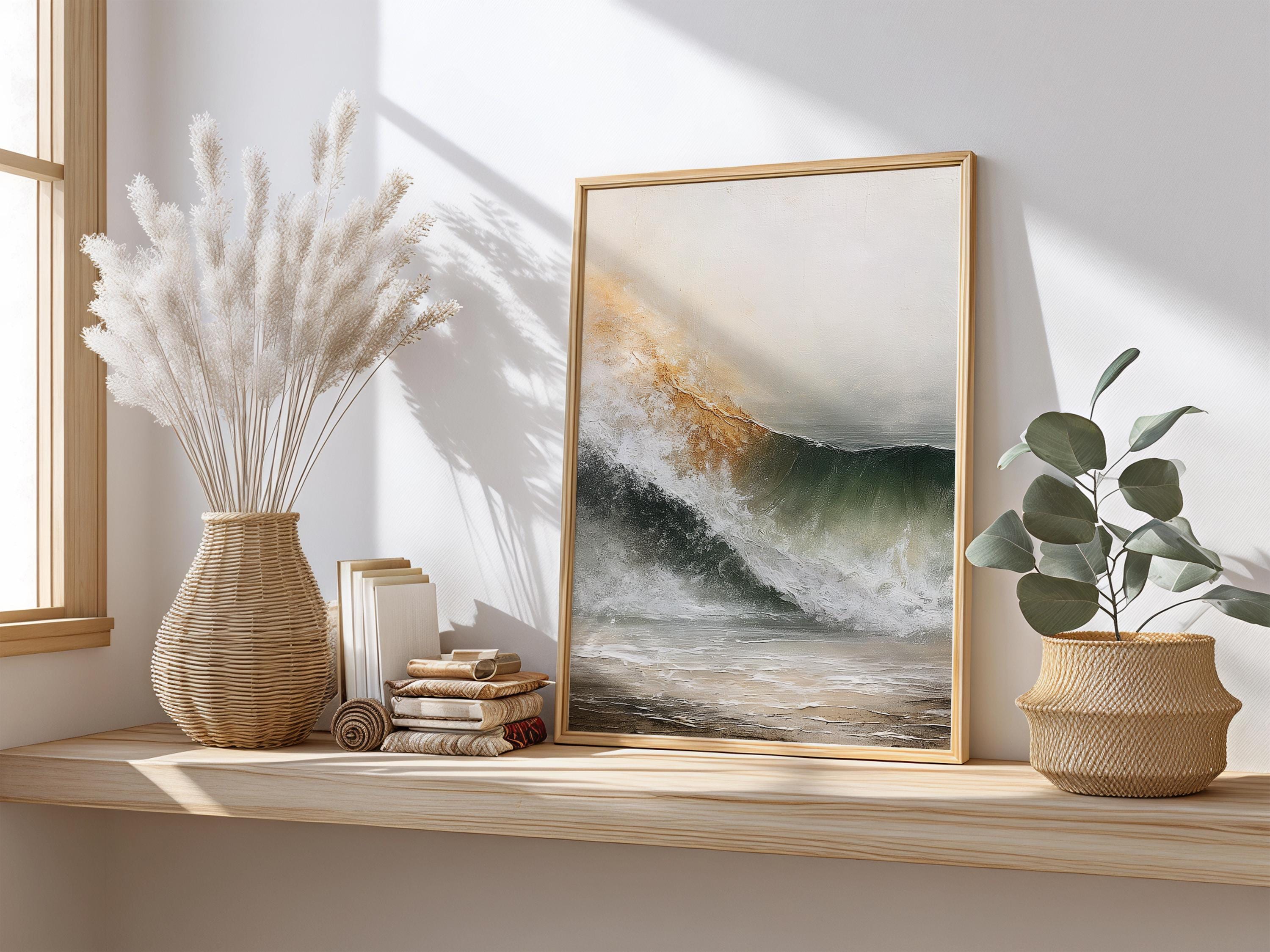 Neutral Ocean Wave Poster, Coastal Beach Framed Canvas, Soft Sea Artwork Prints, Minimal Coastal Home Decor