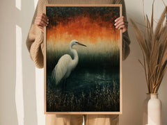 White Egret Wall Art, Moody Marsh Artwork Prints, Coastal Bird Framed Canvas, Elegant Nature Home Decor