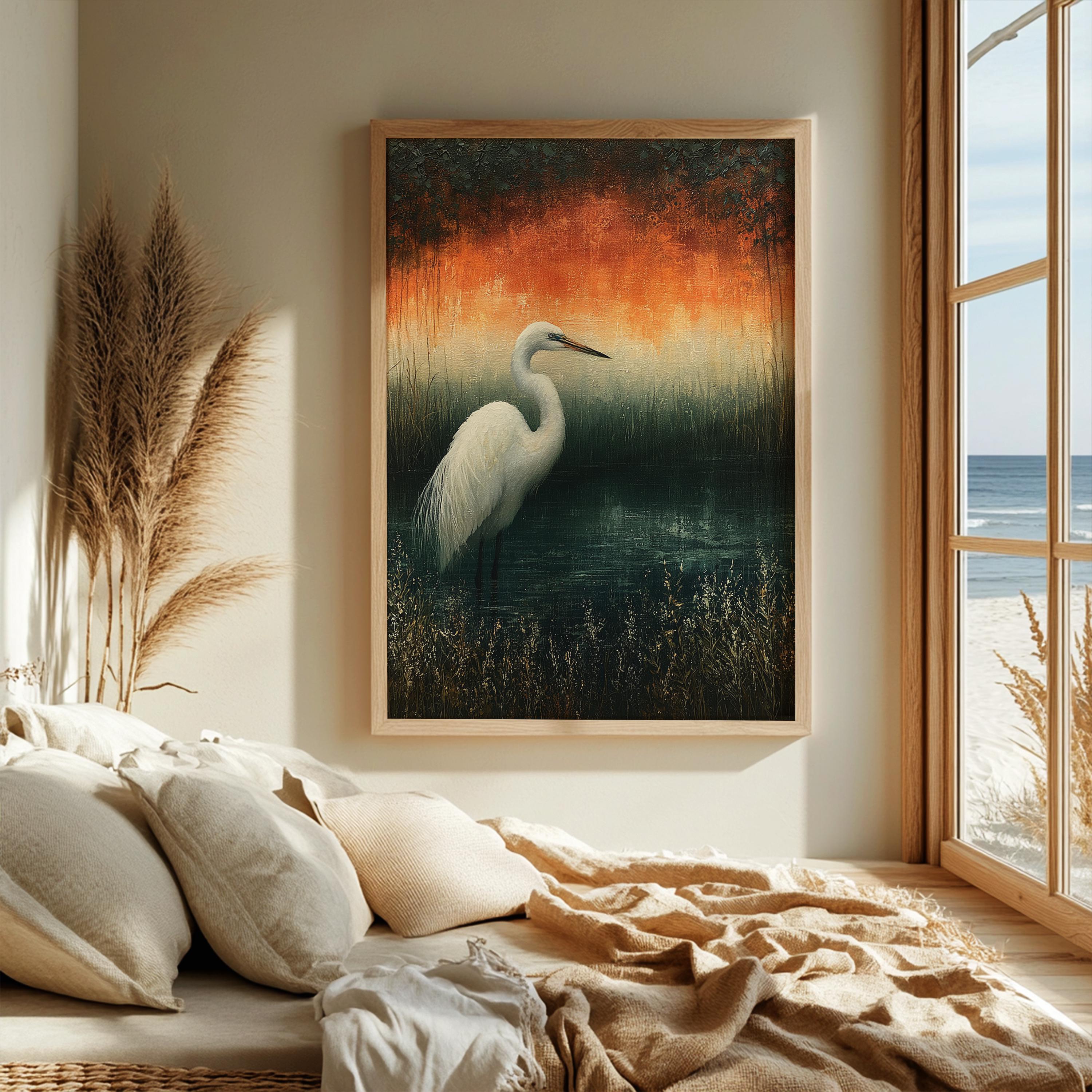 White Egret Wall Art, Moody Marsh Artwork Prints, Coastal Bird Framed Canvas, Elegant Nature Home Decor