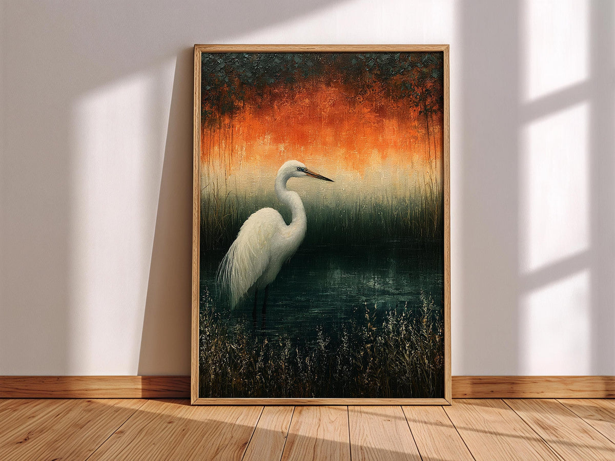 White Egret Wall Art, Moody Marsh Artwork Prints, Coastal Bird Framed Canvas, Elegant Nature Home Decor