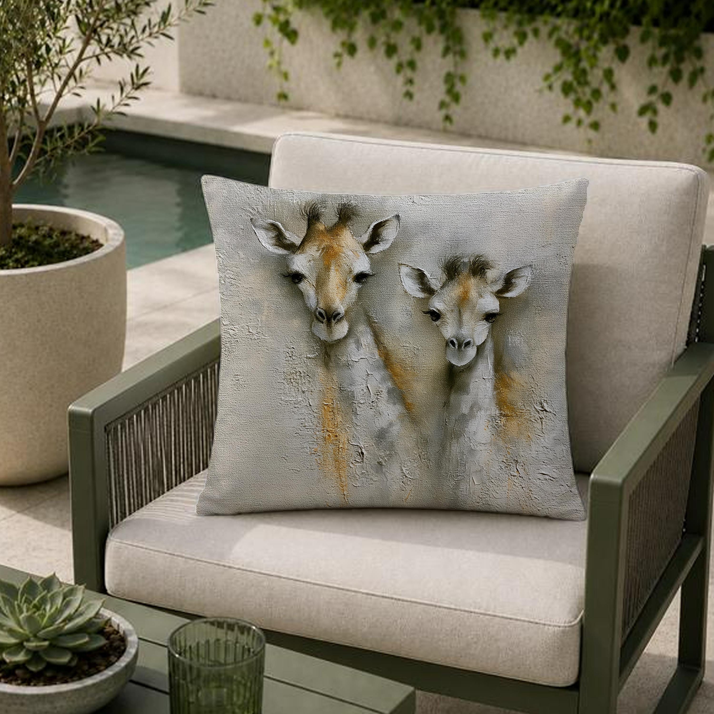 Giraffe Outdoor Pillow, Neutral Safari Cushion, Modern Wildlife Patio Pillow, Elegant Animal Pillowcase, Nature Home Decor Accent