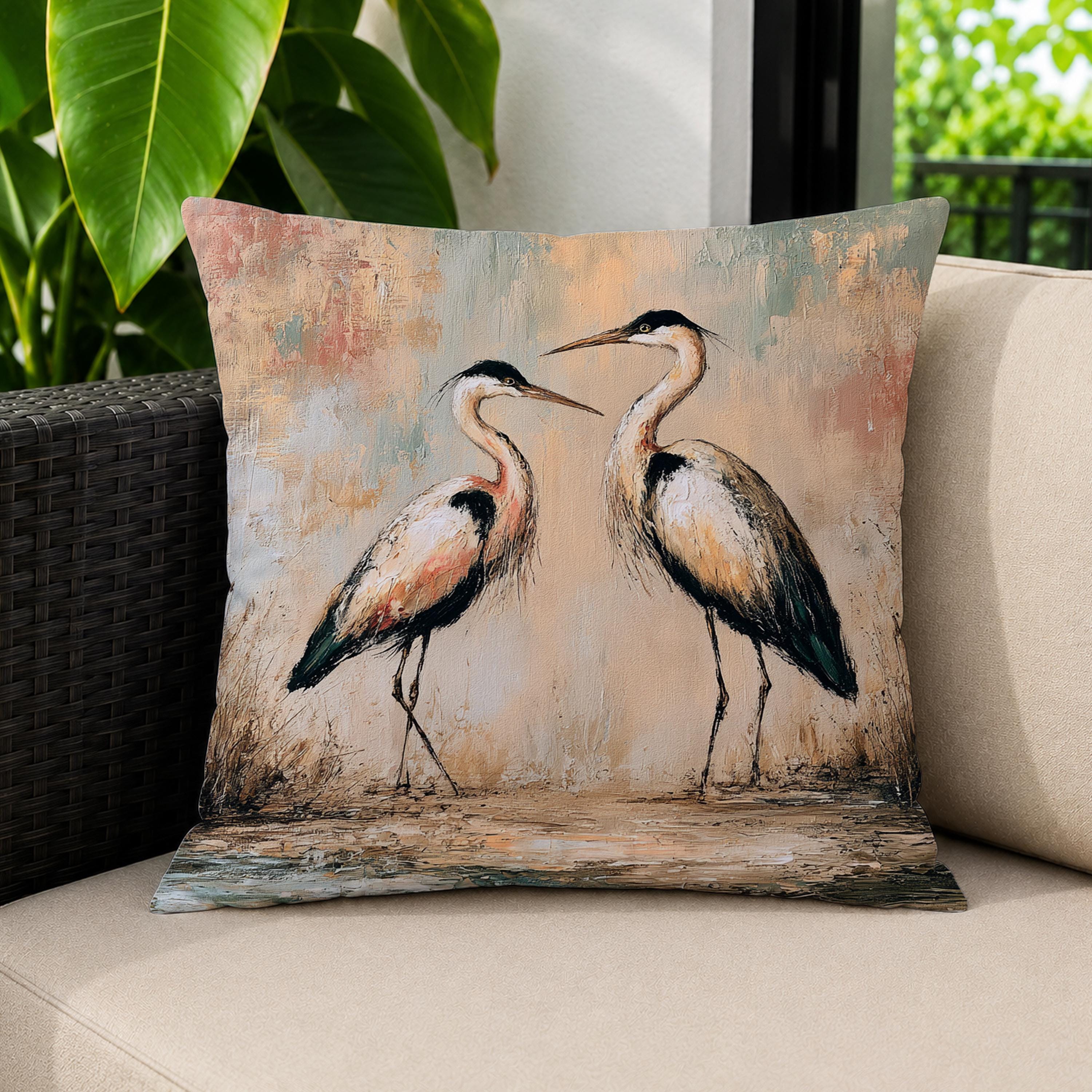 Heron Outdoor Pillow, Coastal Bird Cushion, Neutral Marsh Throw Pillow, Elegant Wildlife Pillowcase, Serene Home Decor Accent