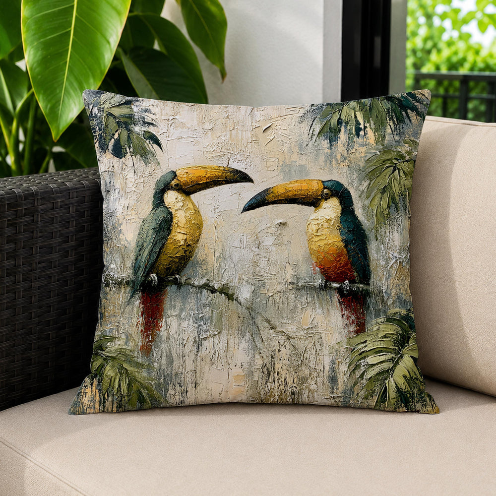 Toucan Outdoor Pillow, Tropical Bird Cushion Cover, Jungle Patio Decor, Coastal Resort Throw Pillow, Botanical Pillowcase