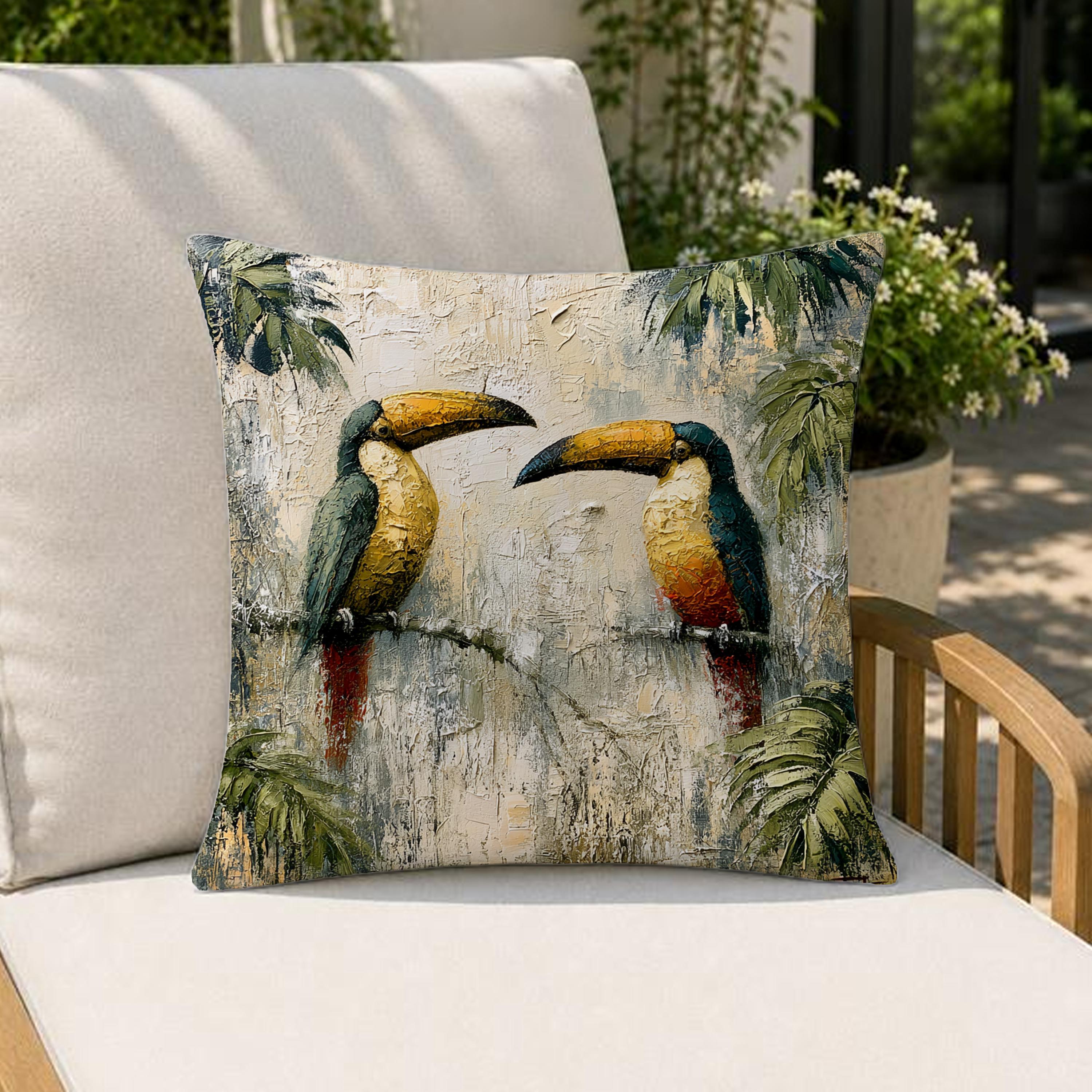Toucan Outdoor Pillow, Tropical Bird Cushion Cover, Jungle Patio Decor, Coastal Resort Throw Pillow, Botanical Pillowcase