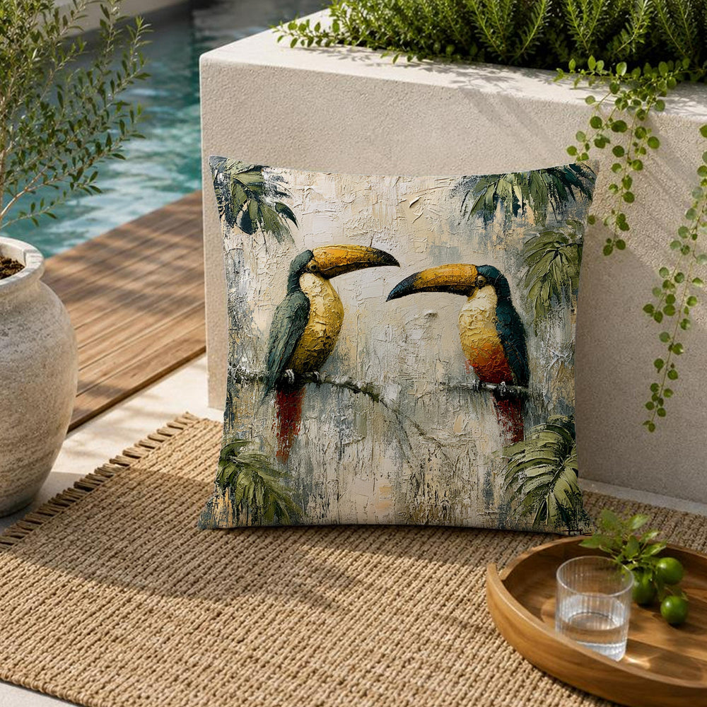 Toucan Outdoor Pillow, Tropical Bird Cushion Cover, Jungle Patio Decor, Coastal Resort Throw Pillow, Botanical Pillowcase