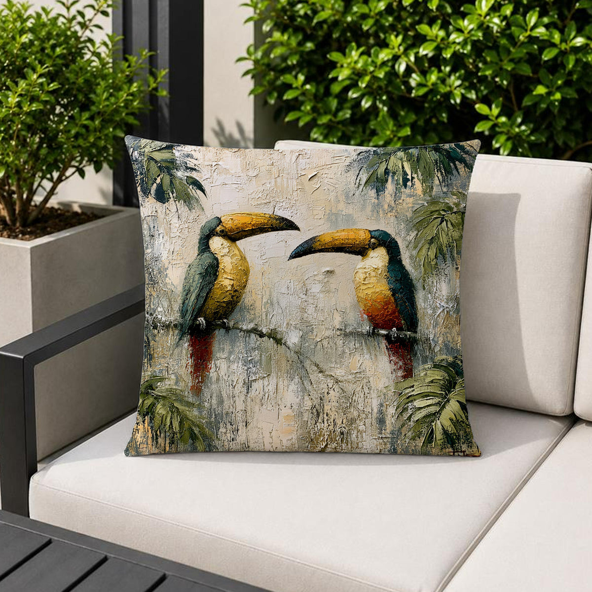 Toucan Outdoor Pillow, Tropical Bird Cushion Cover, Jungle Patio Decor, Coastal Resort Throw Pillow, Botanical Pillowcase