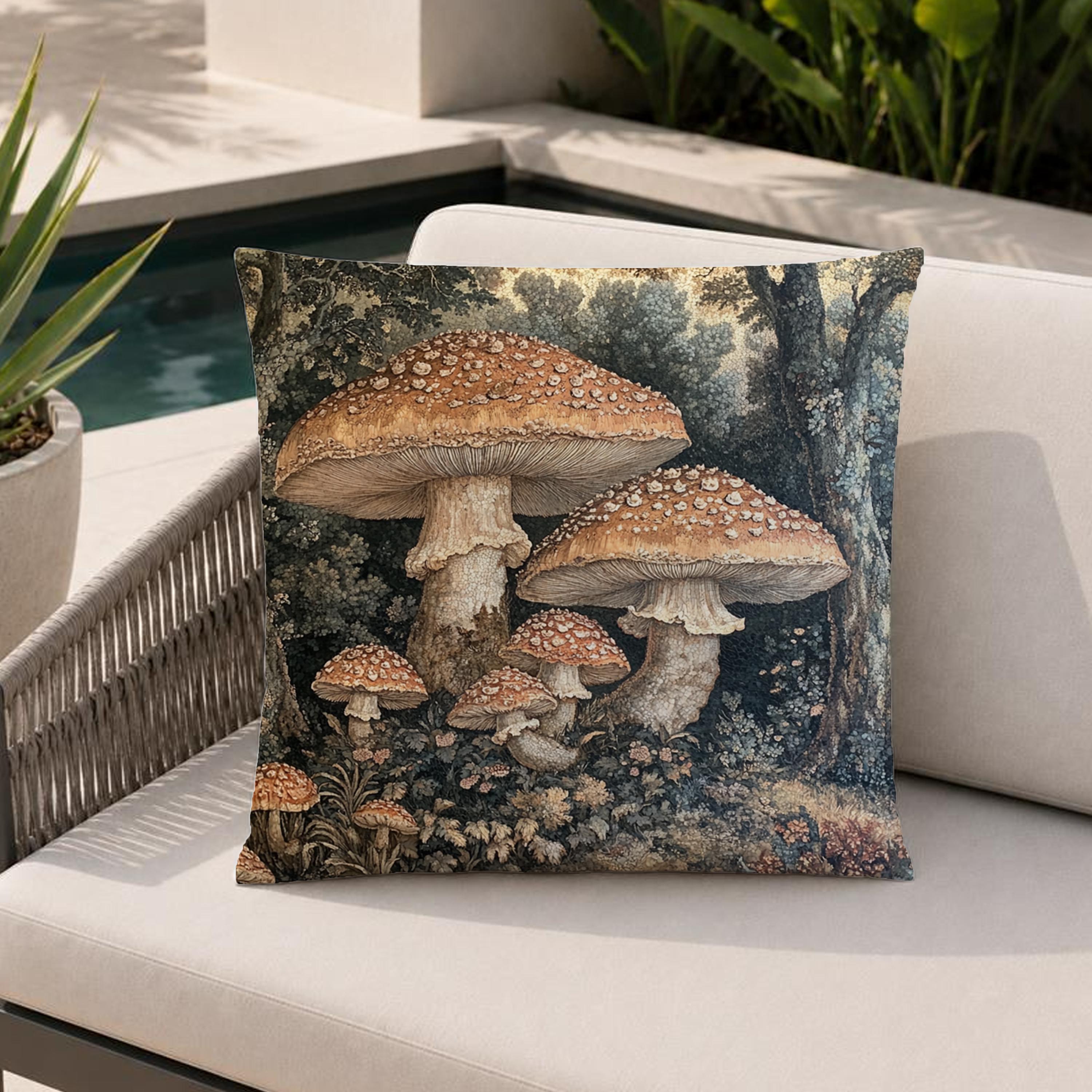 Mushroom Outdoor Pillow, Woodland Forest Cushion, Cottagecore Patio Decor, Rustic Nature Porch Pillow, Botanical Pillowcase
