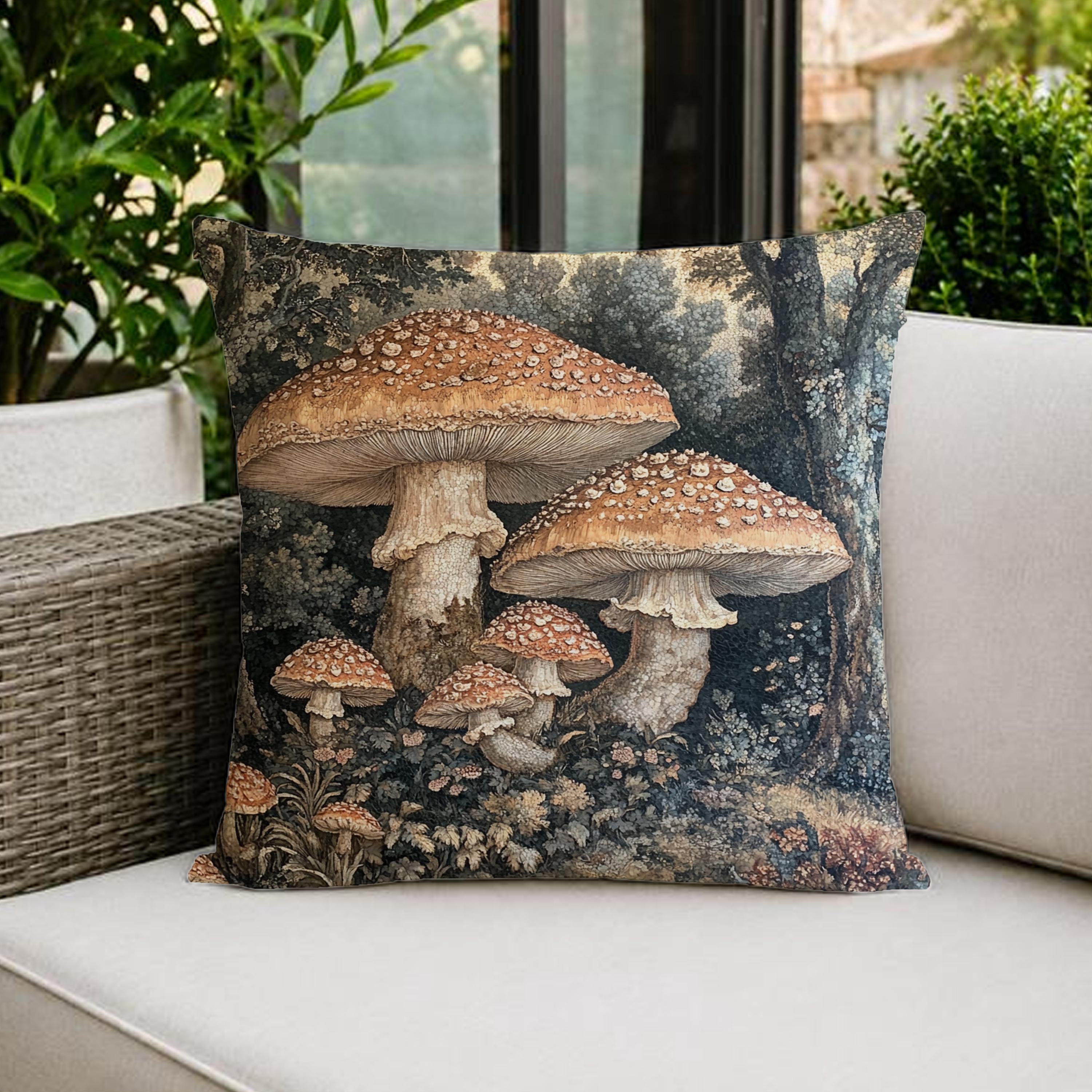 Mushroom Outdoor Pillow, Woodland Forest Cushion, Cottagecore Patio Decor, Rustic Nature Porch Pillow, Botanical Pillowcase