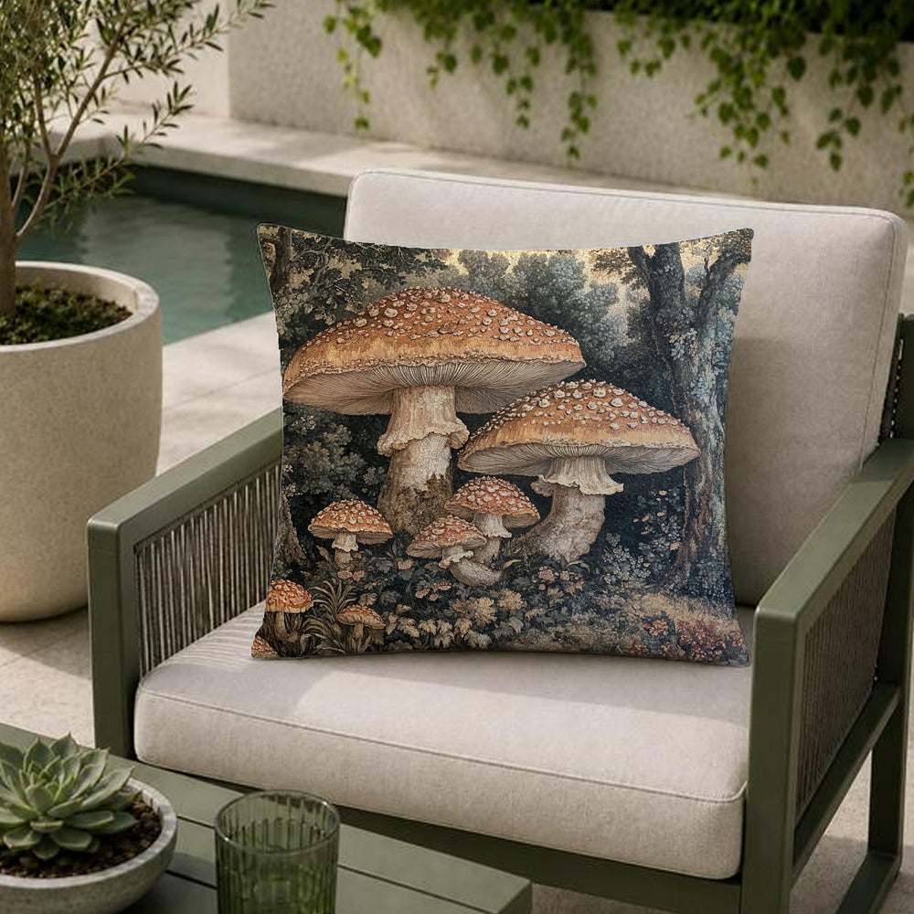 Mushroom Outdoor Pillow, Woodland Forest Cushion, Cottagecore Patio Decor, Rustic Nature Porch Pillow, Botanical Pillowcase