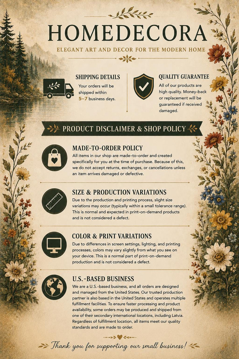 The image is a promotional flyer for a company called "Homedecora", which is described as an elegant art and decor company for the modern home. The flyer provides details about the company's shipping policy, product disclaimer, and US-based business practices.