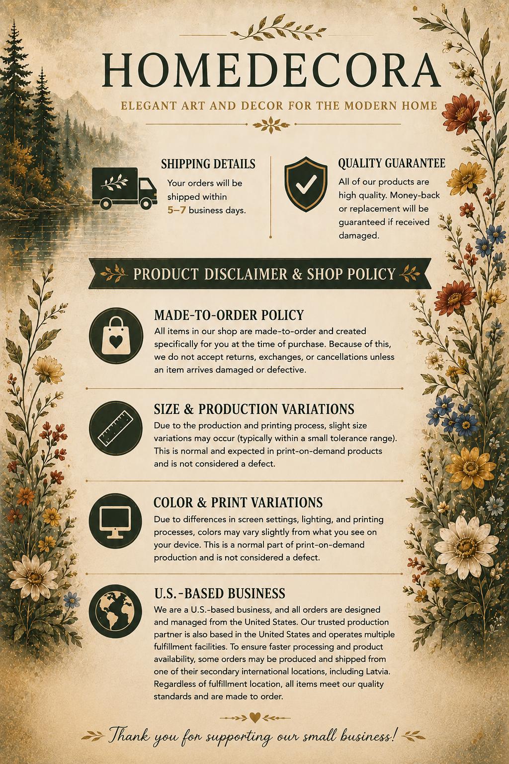 The image is a promotional flyer for a company called "Homedecora", which is described as an elegant art and decor company for the modern home. The flyer provides details about the company's shipping policy, product disclaimer, and US-based business practices.