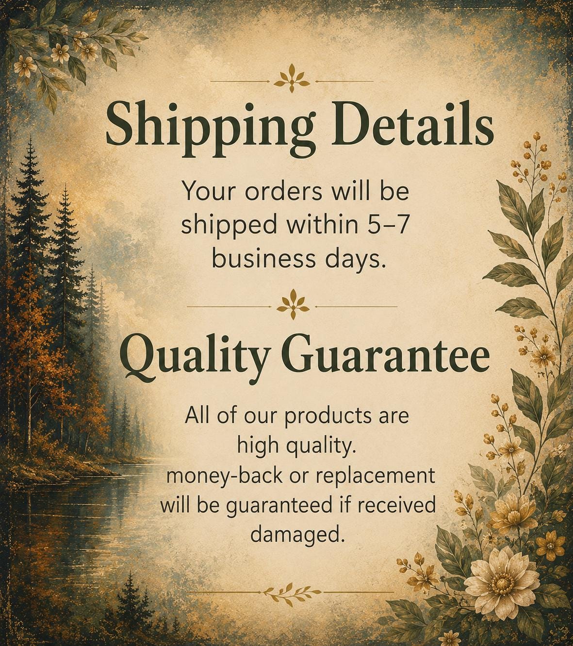 text and a floral border, with the text providing shipping details and a quality guarantee for the products.