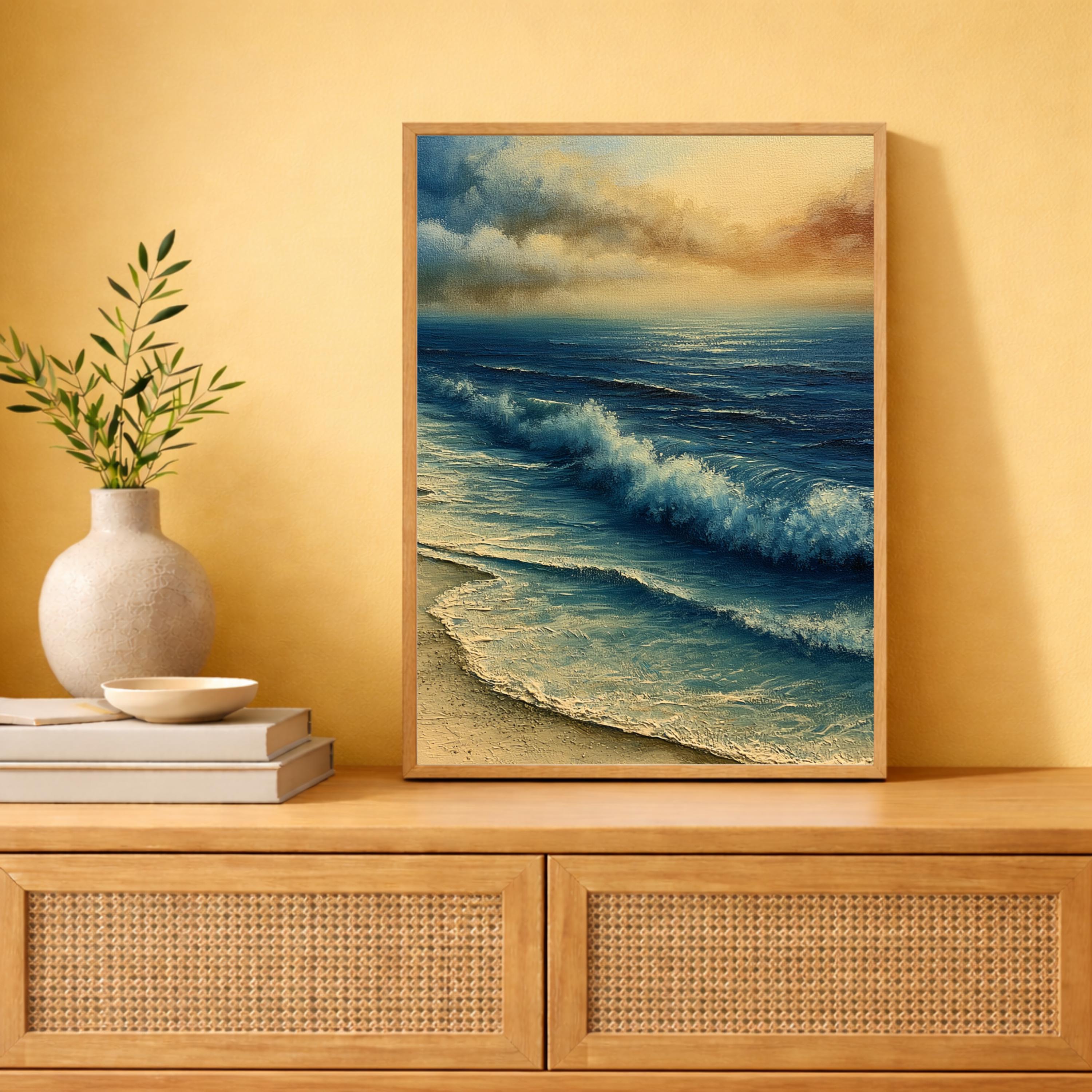 Ocean Waves Portrait Wall Art Print, Framed Art Print for Living Room, Coastal Beach Wall Decor, Aqua Blue Neutral Seascape