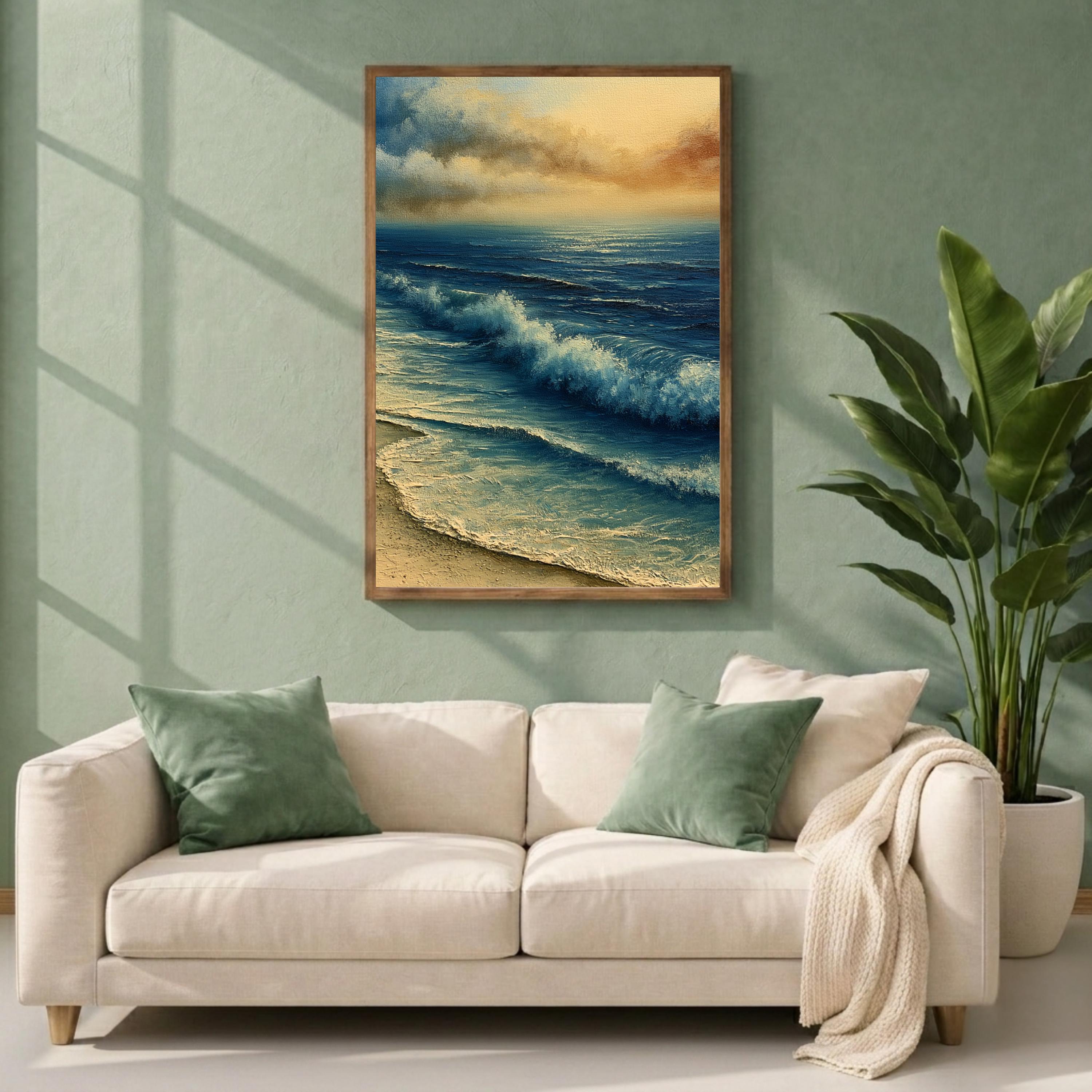 Ocean Waves Portrait Wall Art Print, Framed Art Print for Living Room, Coastal Beach Wall Decor, Aqua Blue Neutral Seascape