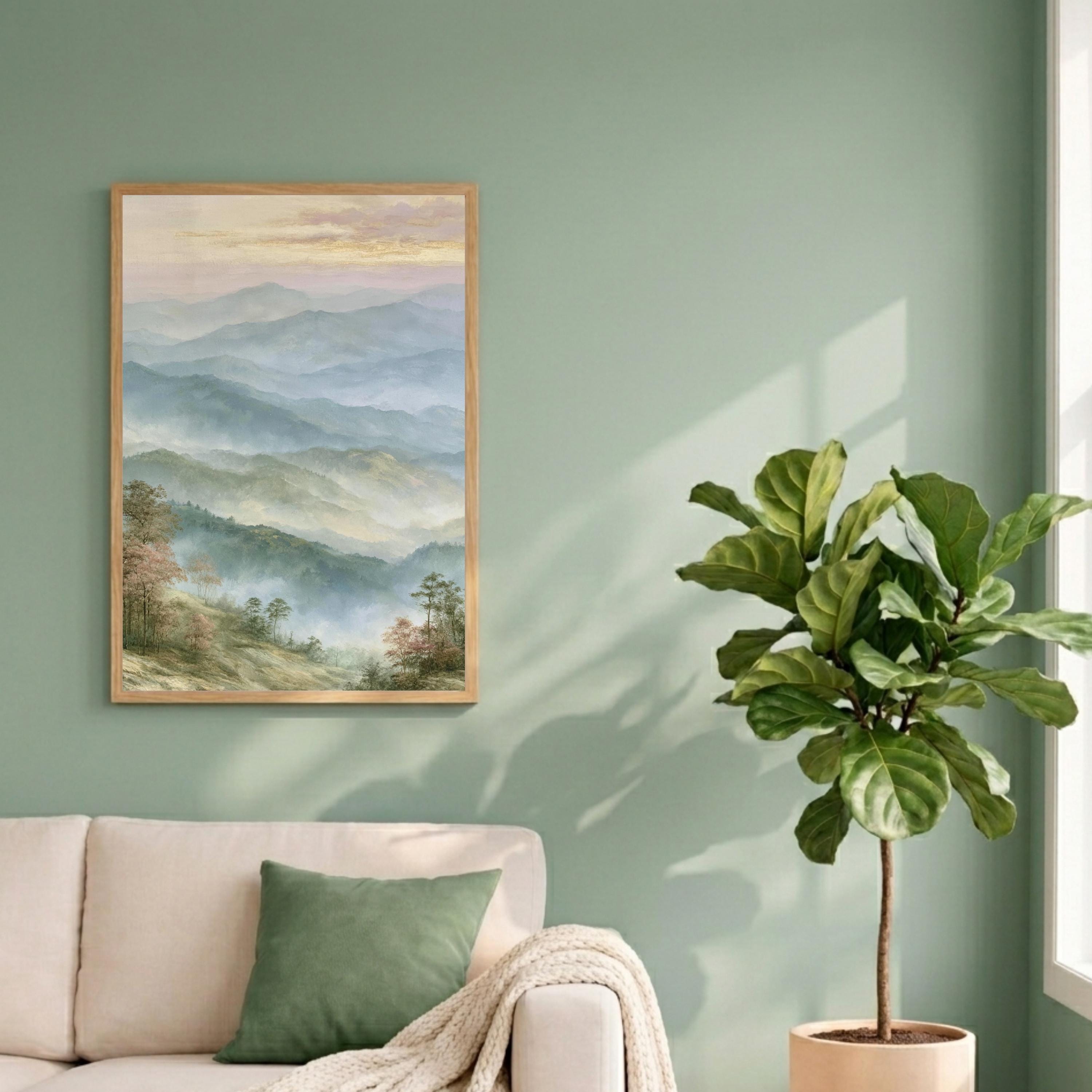Misty Mountain Wall Art Print, Blue Ridge Mountains Portrait Print, Soft Pastel Landscape Wall Decor, Foggy Forest Vertical Art Print