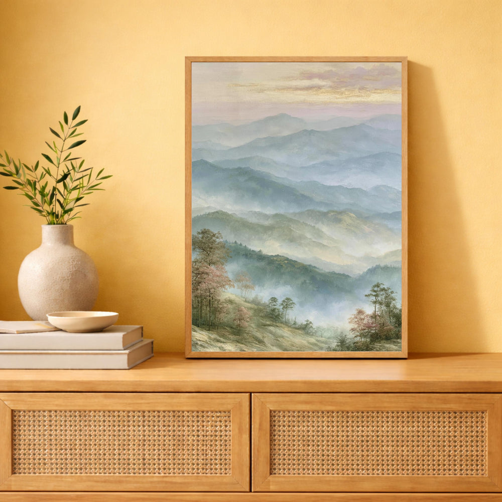 Misty Mountain Wall Art Print, Blue Ridge Mountains Portrait Print, Soft Pastel Landscape Wall Decor, Foggy Forest Vertical Art Print