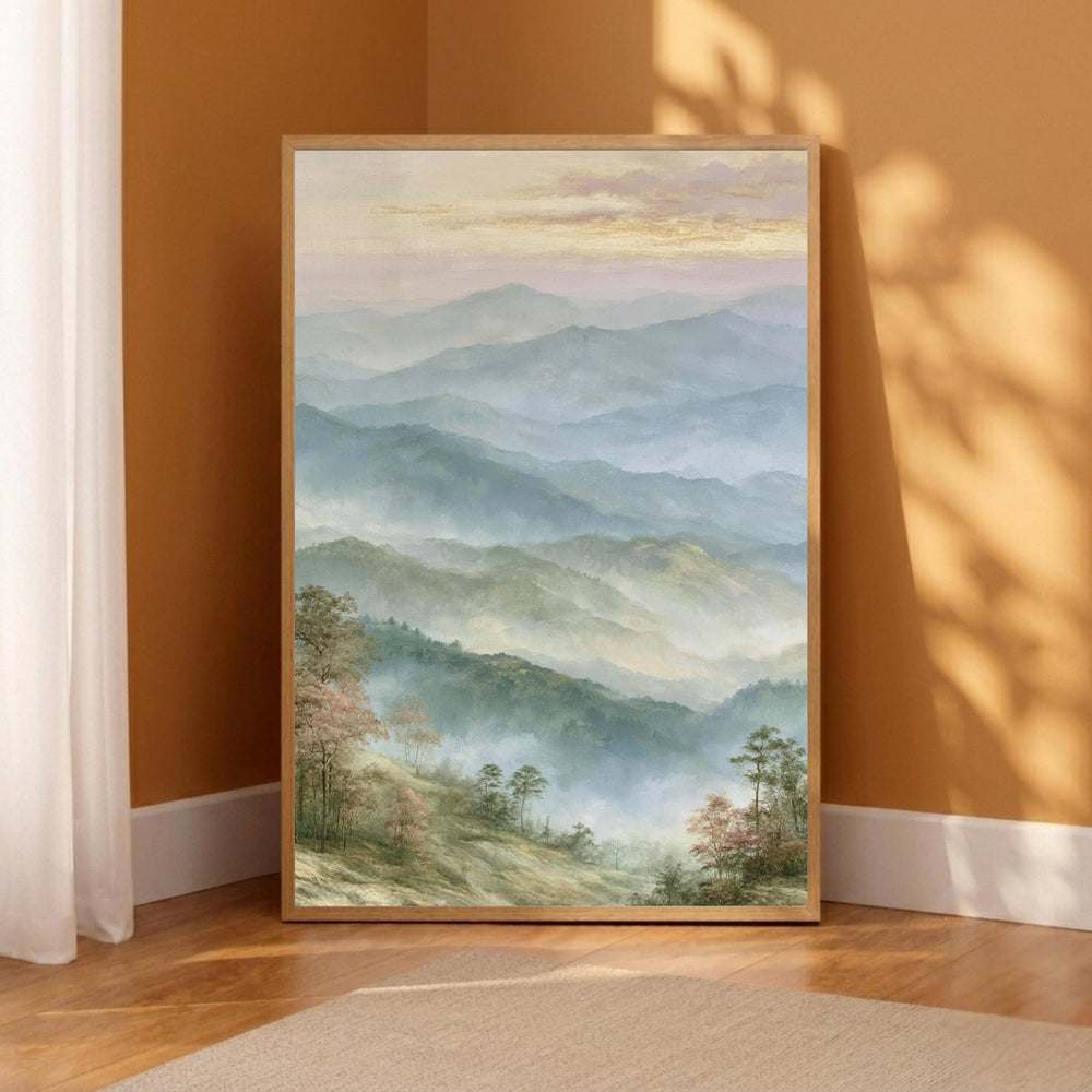 Misty Mountain Wall Art Print, Blue Ridge Mountains Portrait Print, Soft Pastel Landscape Wall Decor, Foggy Forest Vertical Art Print