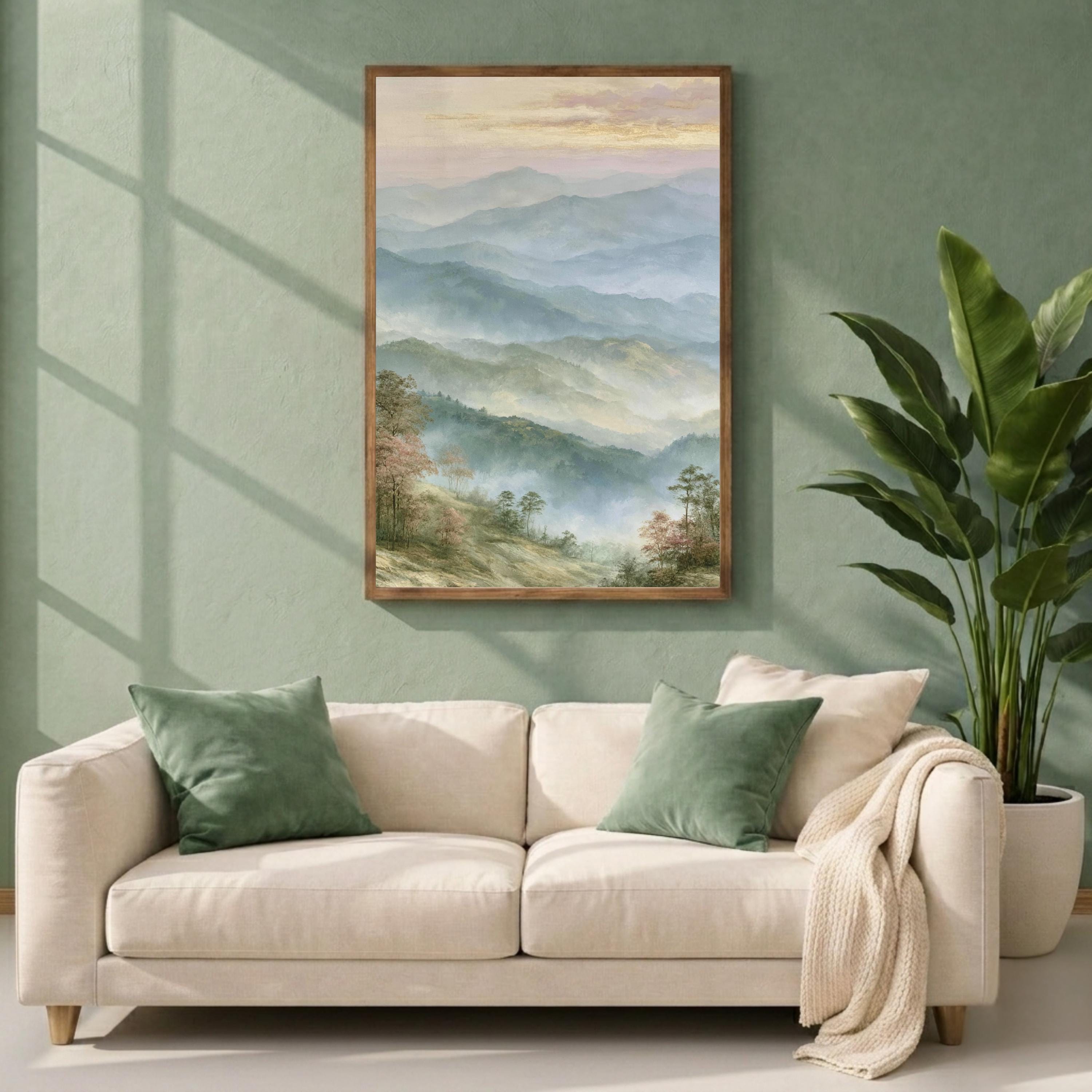Misty Mountain Wall Art Print, Blue Ridge Mountains Portrait Print, Soft Pastel Landscape Wall Decor, Foggy Forest Vertical Art Print