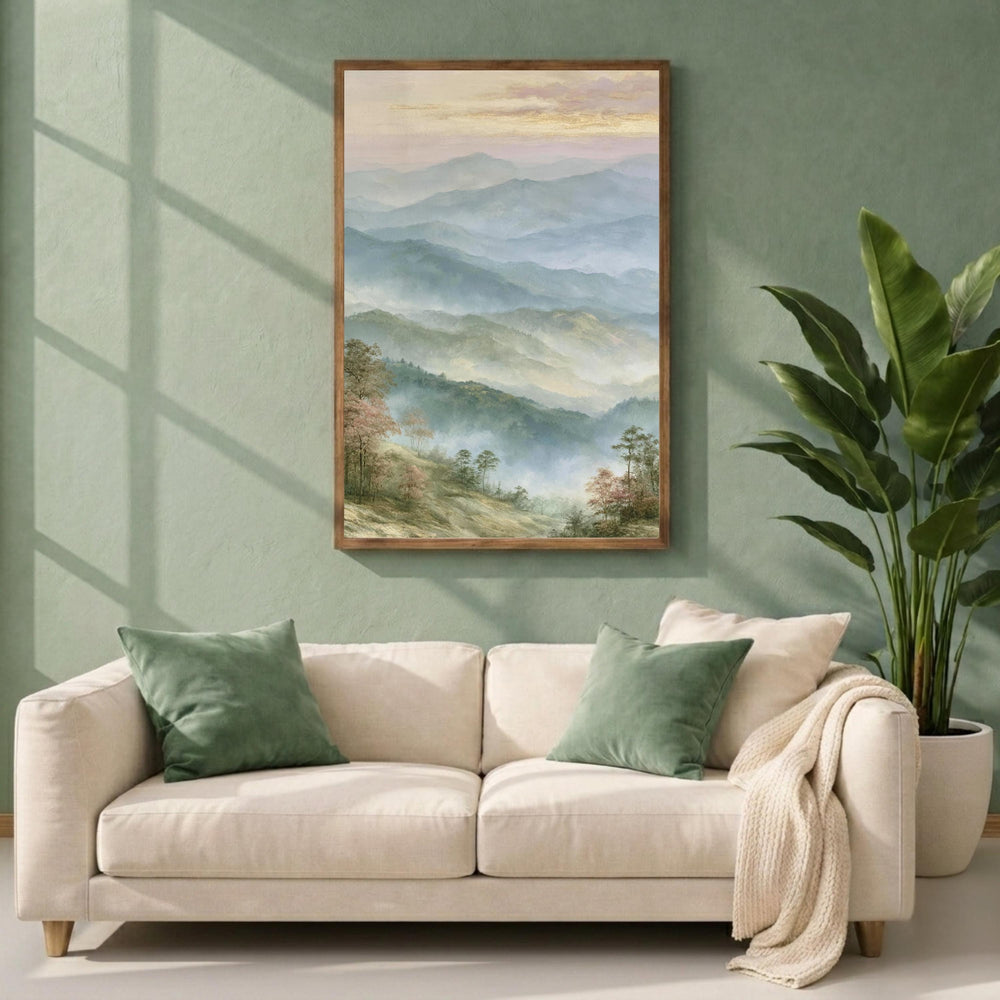 Misty Mountain Wall Art Print, Blue Ridge Mountains Portrait Print, Soft Pastel Landscape Wall Decor, Foggy Forest Vertical Art Print