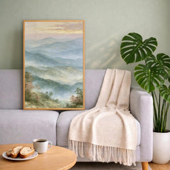 Misty Mountain Wall Art Print, Blue Ridge Mountains Portrait Print, Soft Pastel Landscape Wall Decor, Foggy Forest Vertical Art Print