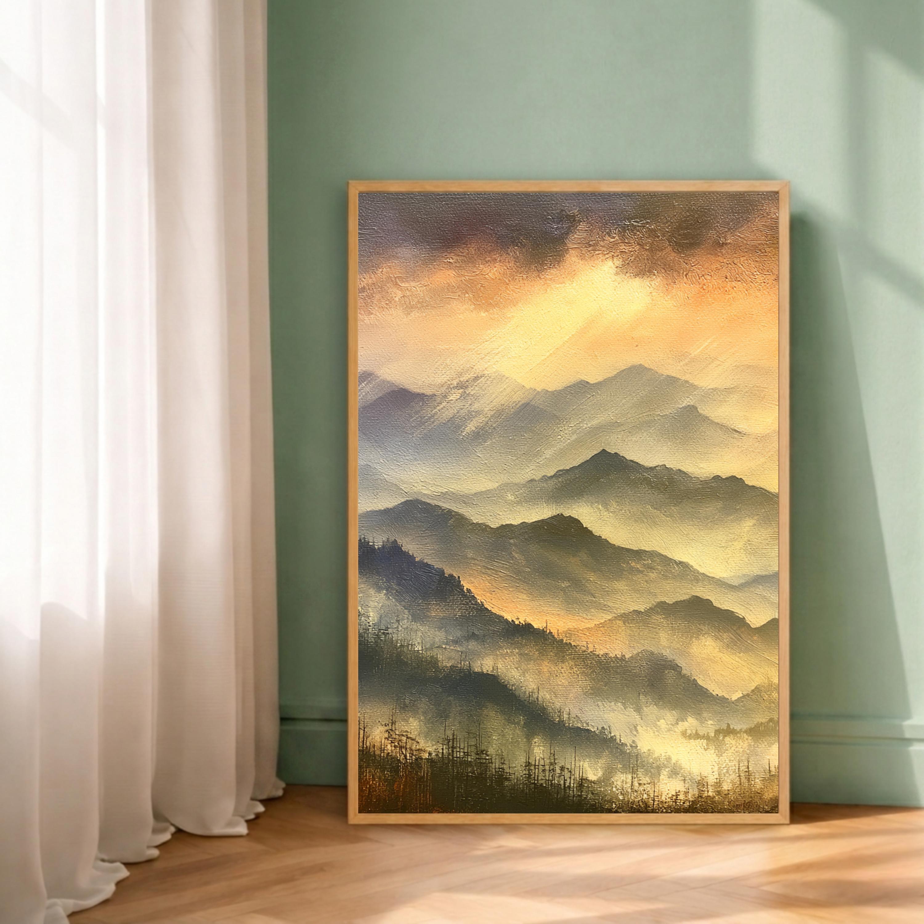 Blue Ridge Mountains Portrait Print, Mountain Sunset Wall Art Print, Warm Amber Landscape Decor, Moody Mountain Canvas Print