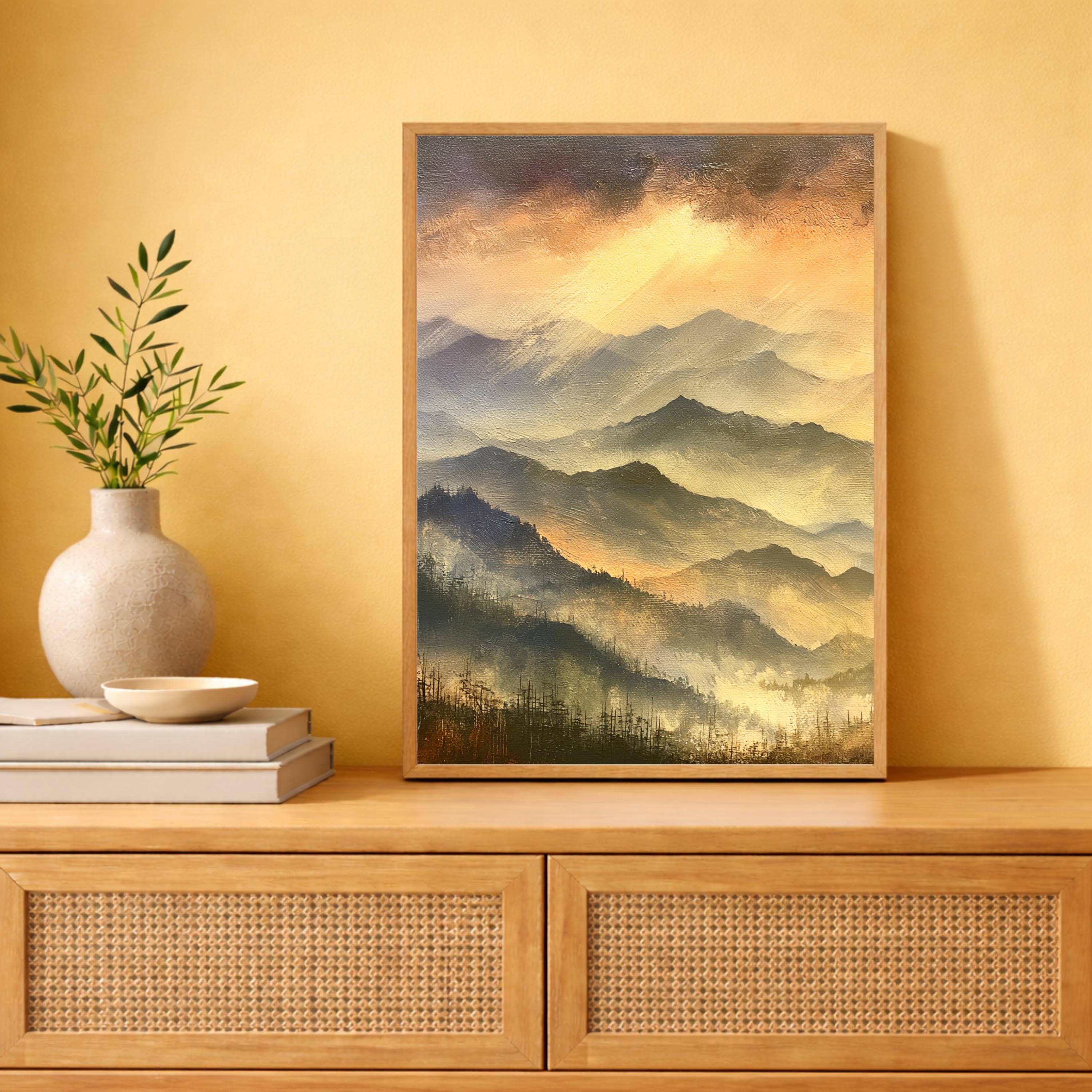 Blue Ridge Mountains Portrait Print, Mountain Sunset Wall Art Print, Warm Amber Landscape Decor, Moody Mountain Canvas Print